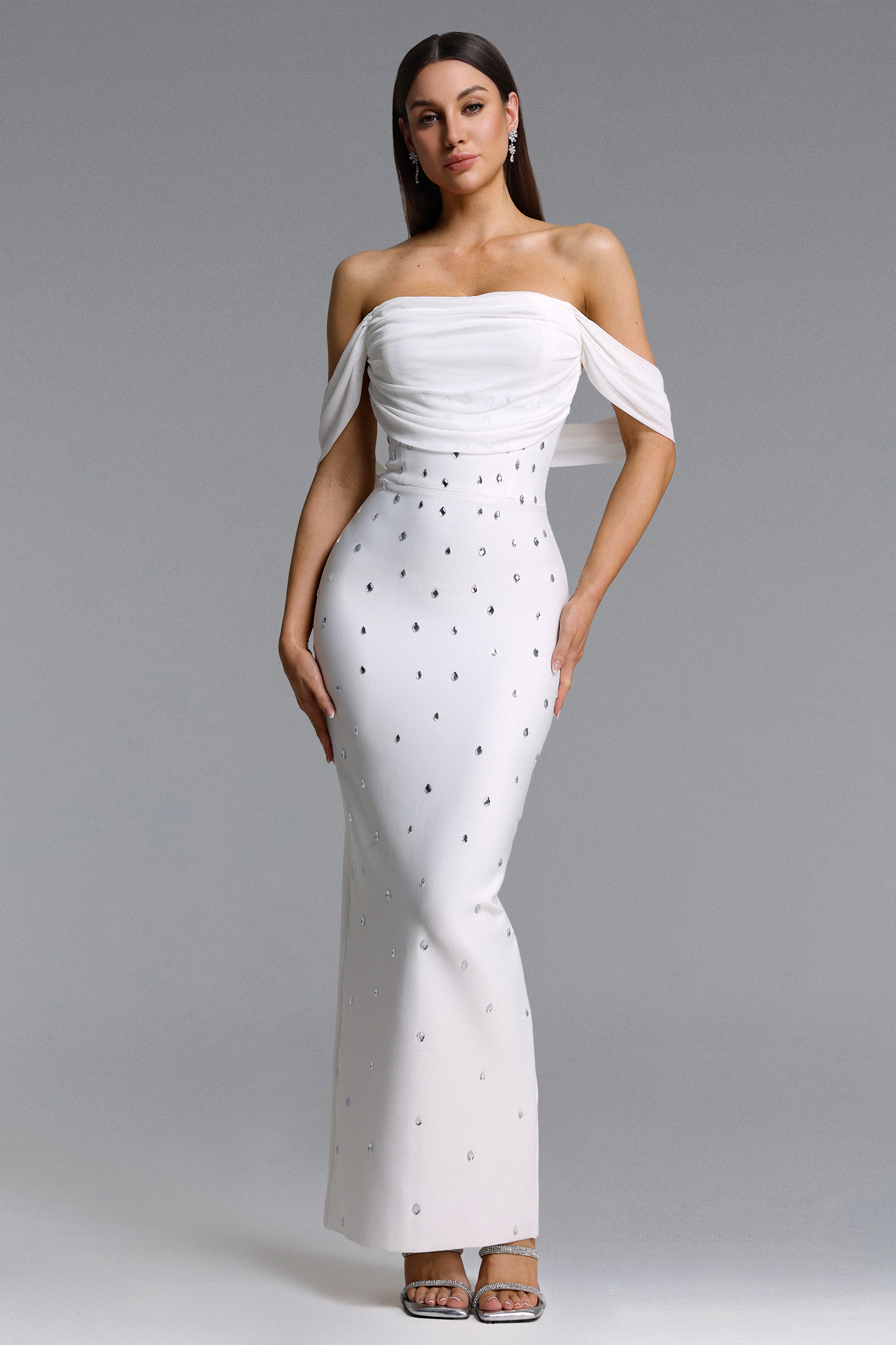 Querida Elegant Contour Off Shoulder Rhinestone Maxi Dress