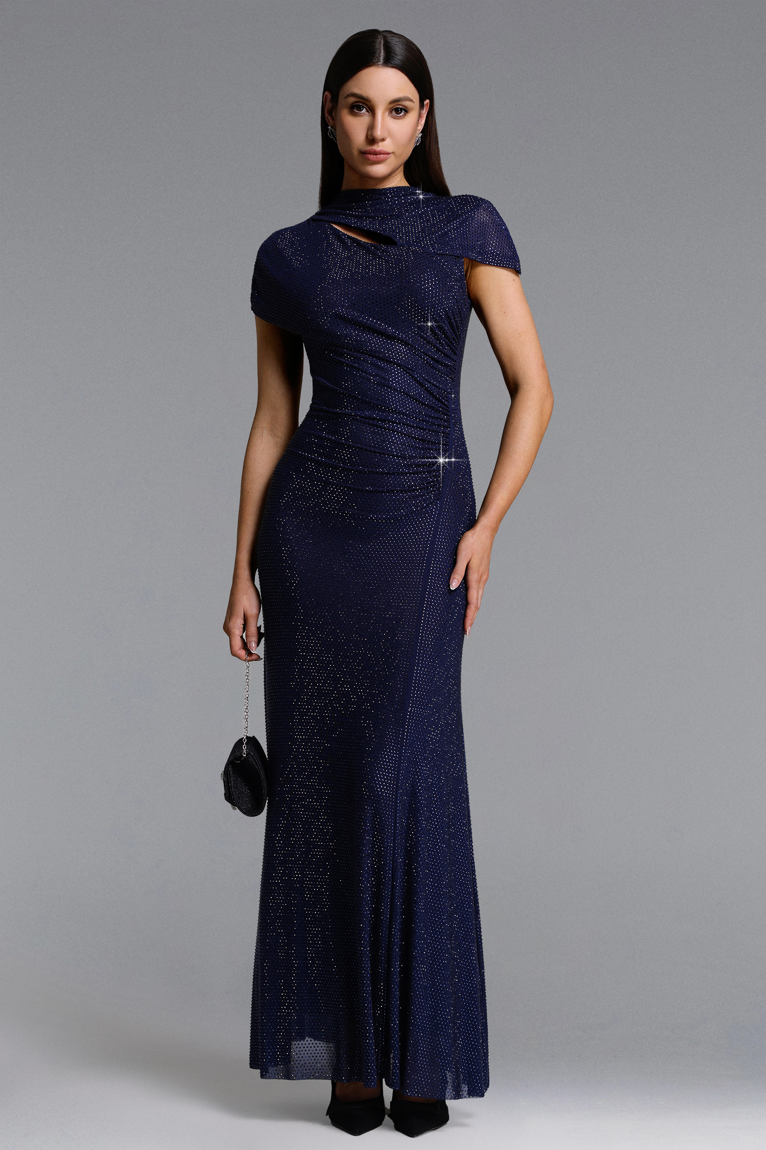 Nathai Chic Contour Short Sleeve Asymmetric Cut Out Crystal Maxi Dress