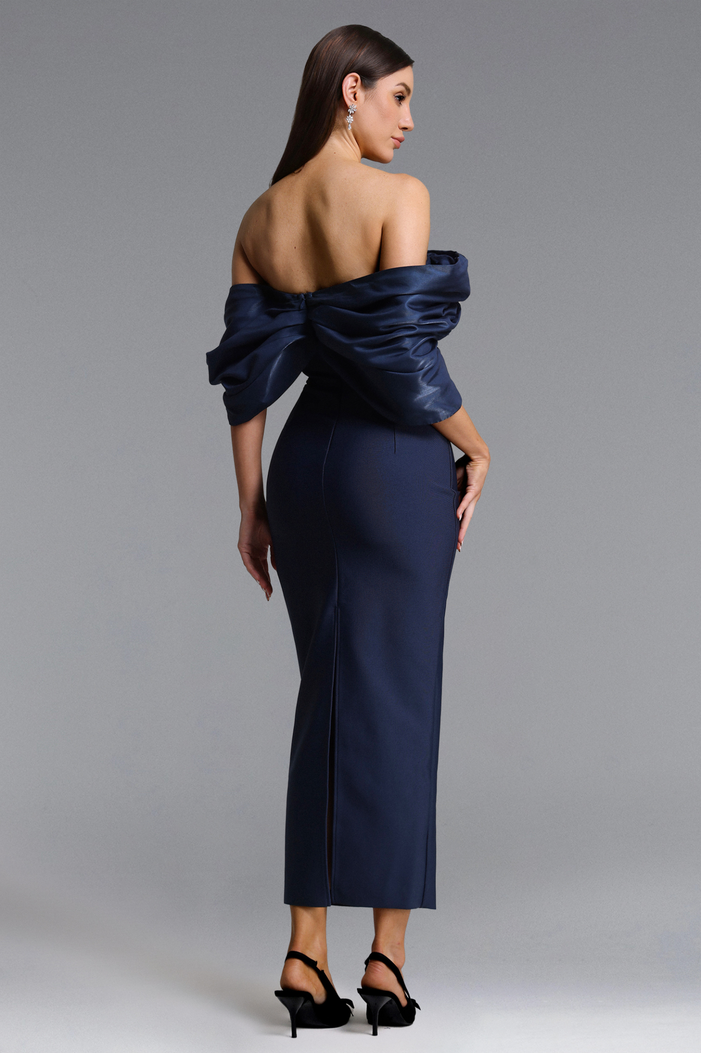 Perly Elegant Contour Off Shoulder Asymmetric Pleated Bandage Maxi Dress