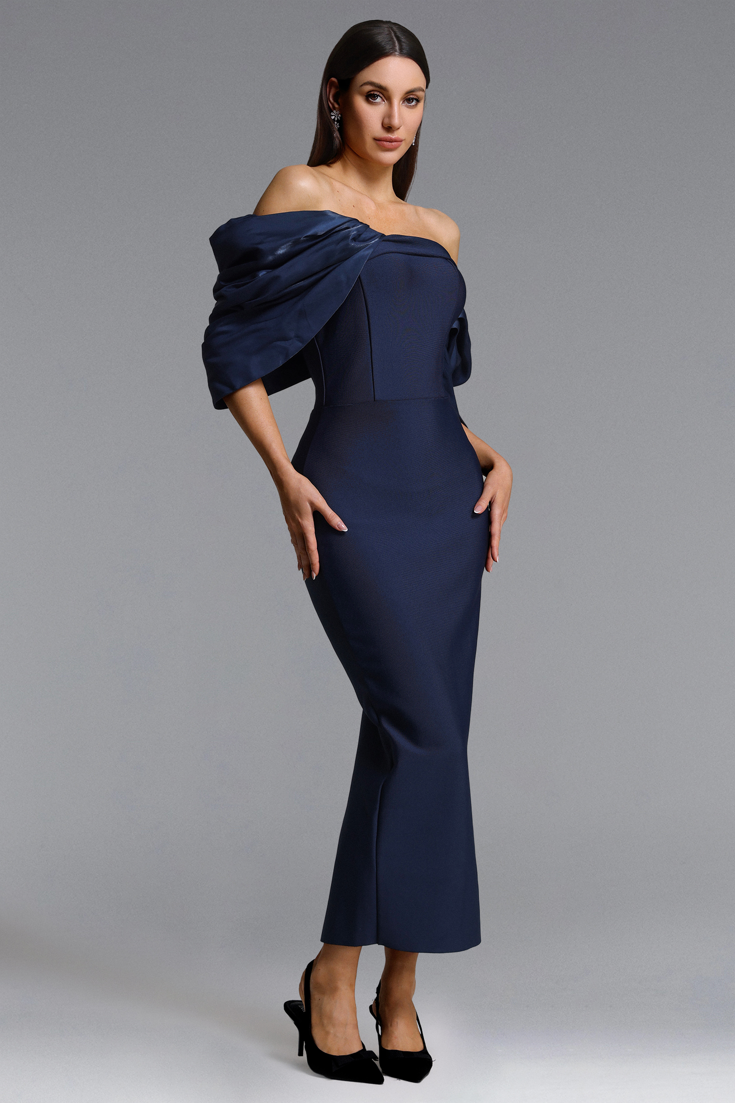 Perly Elegant Contour Off Shoulder Asymmetric Pleated Bandage Maxi Dress