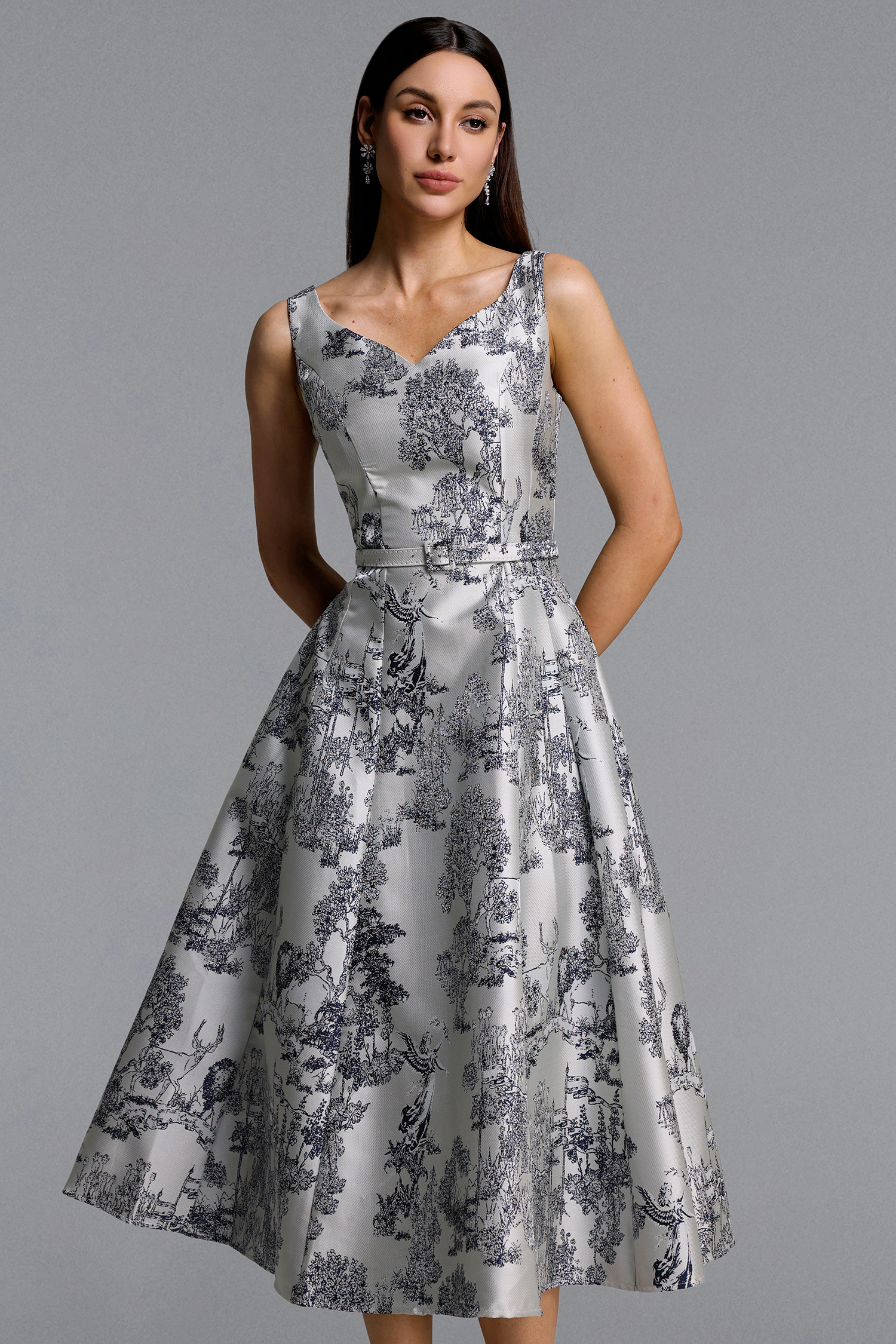 Zatte Classic Tailored Sleeveless Print Midi Dress