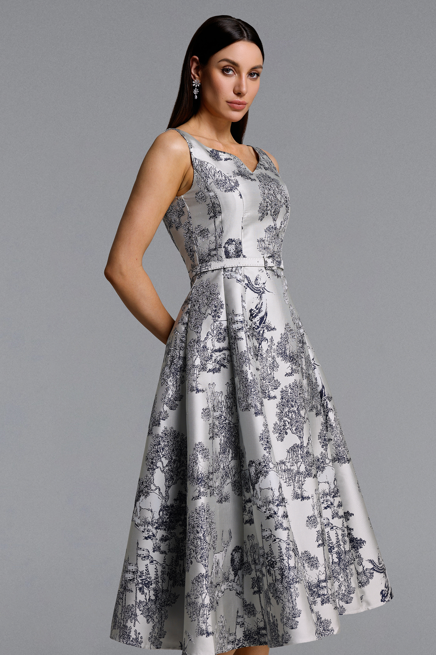 Zatte Classic Tailored Sleeveless Print Midi Dress