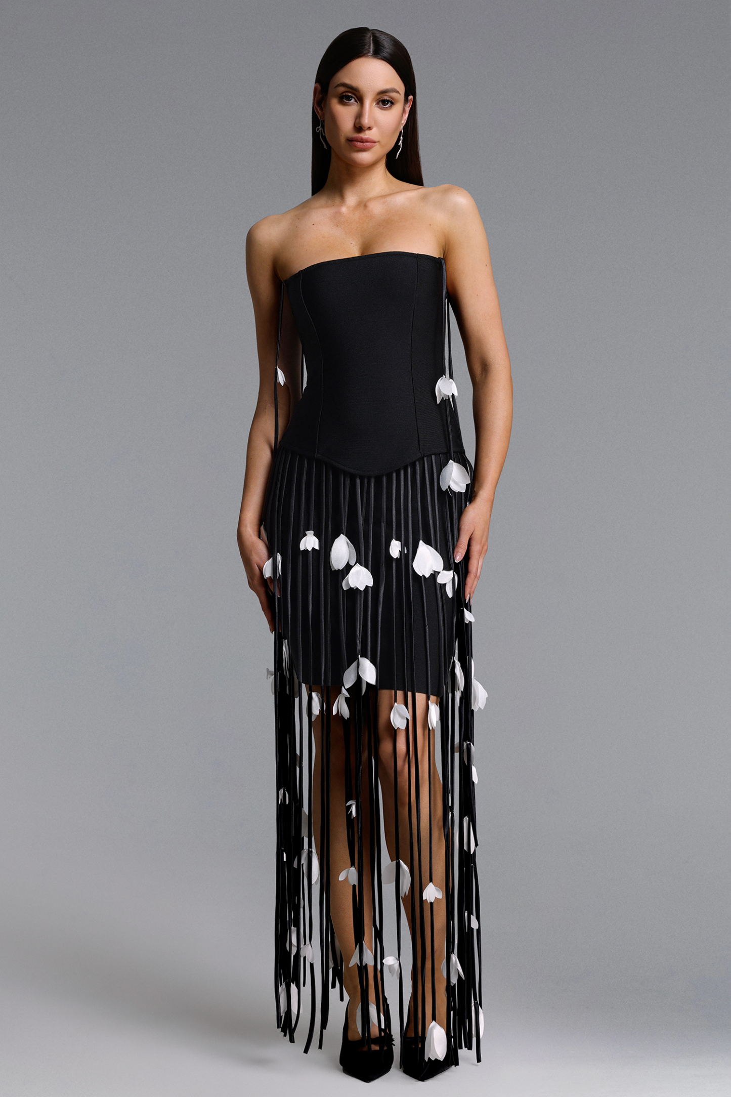 Mikin Chic Contour Strapless Leaf Fringe Bandage Mini Dress