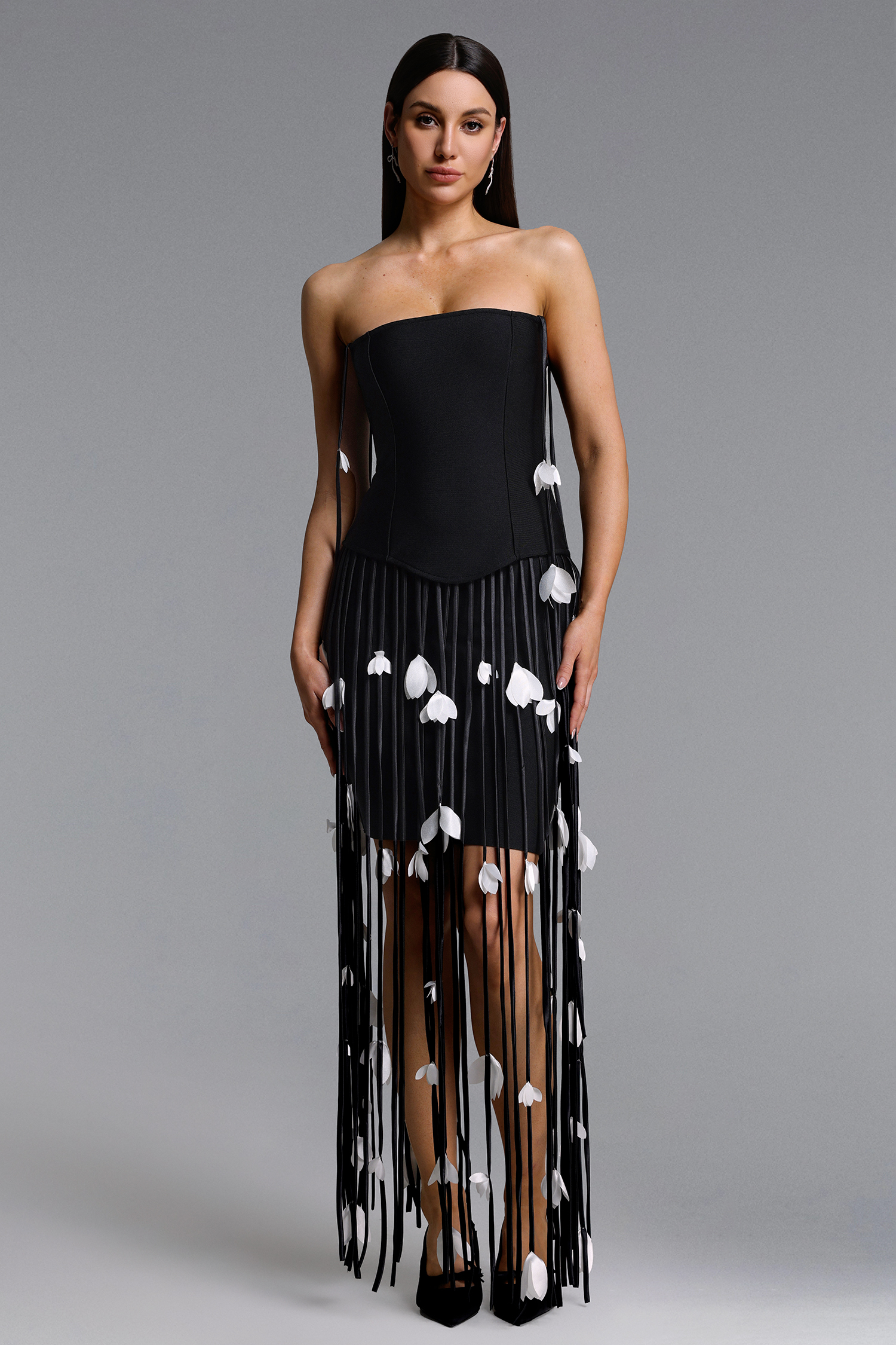 Mikin Chic Contour Strapless Leaf Fringe Bandage Mini Dress