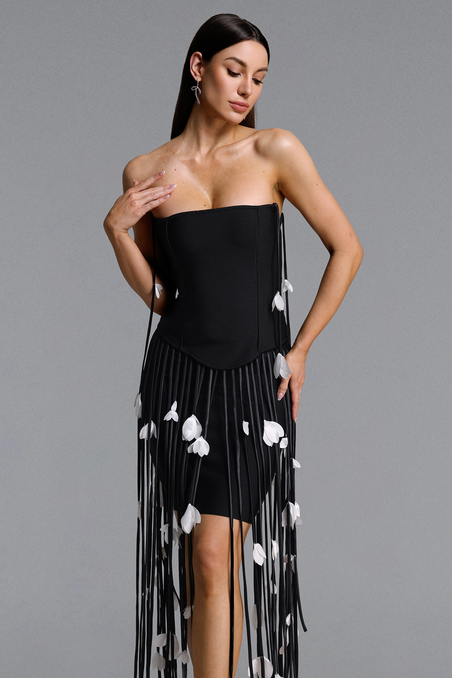 Mikin Chic Contour Strapless Leaf Fringe Bandage Mini Dress