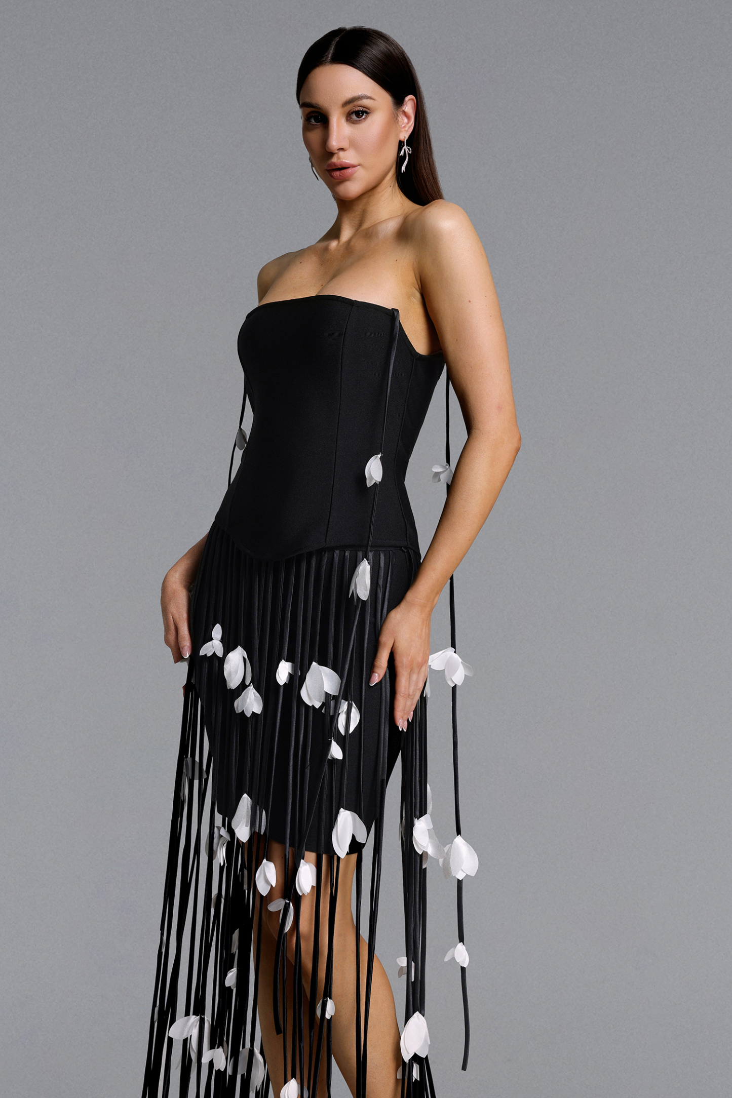 Mikin Chic Contour Strapless Leaf Fringe Bandage Mini Dress