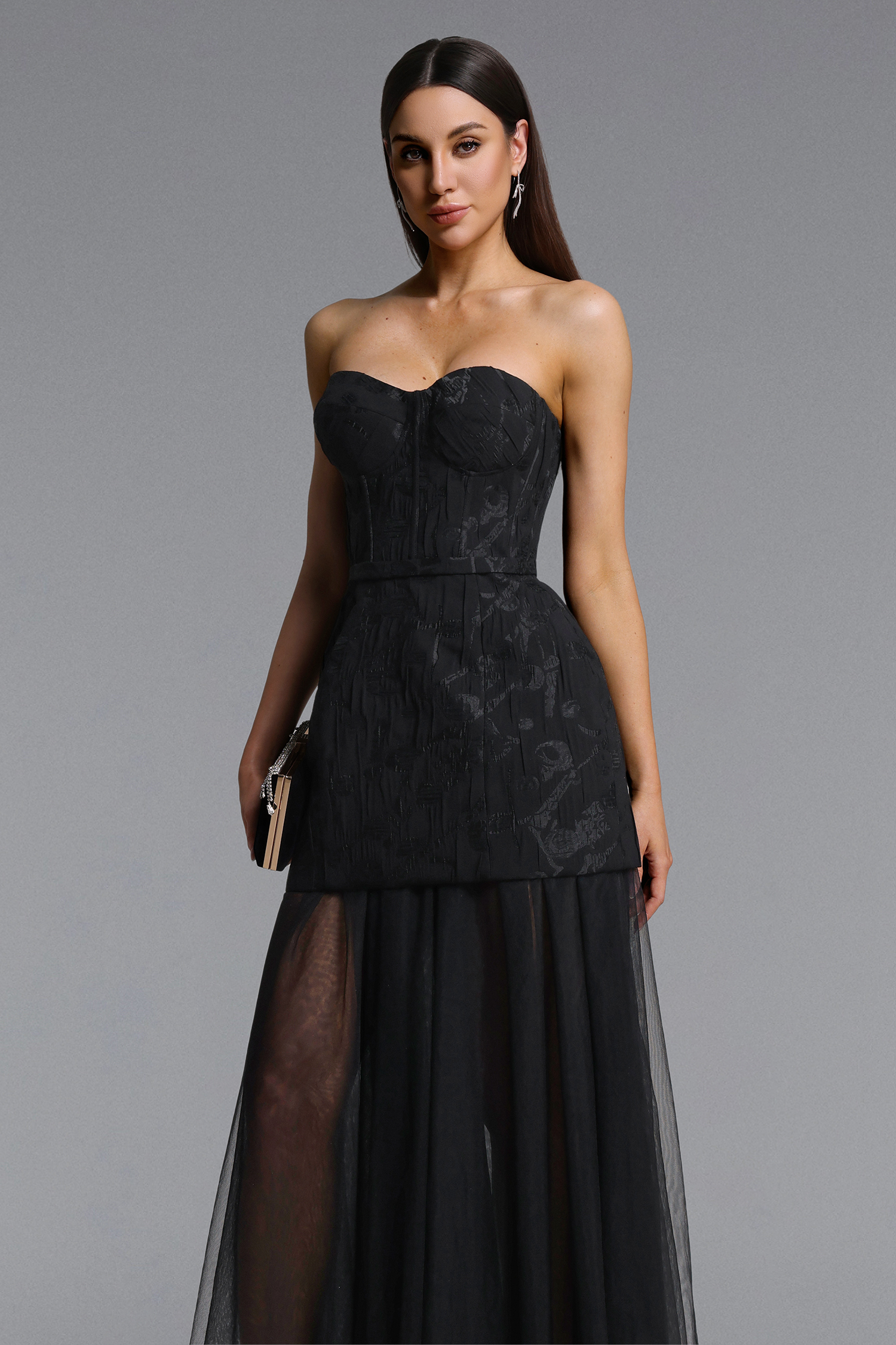 Margo Chic Contour Strapless Jacquard Floral Tulle Maxi Dress