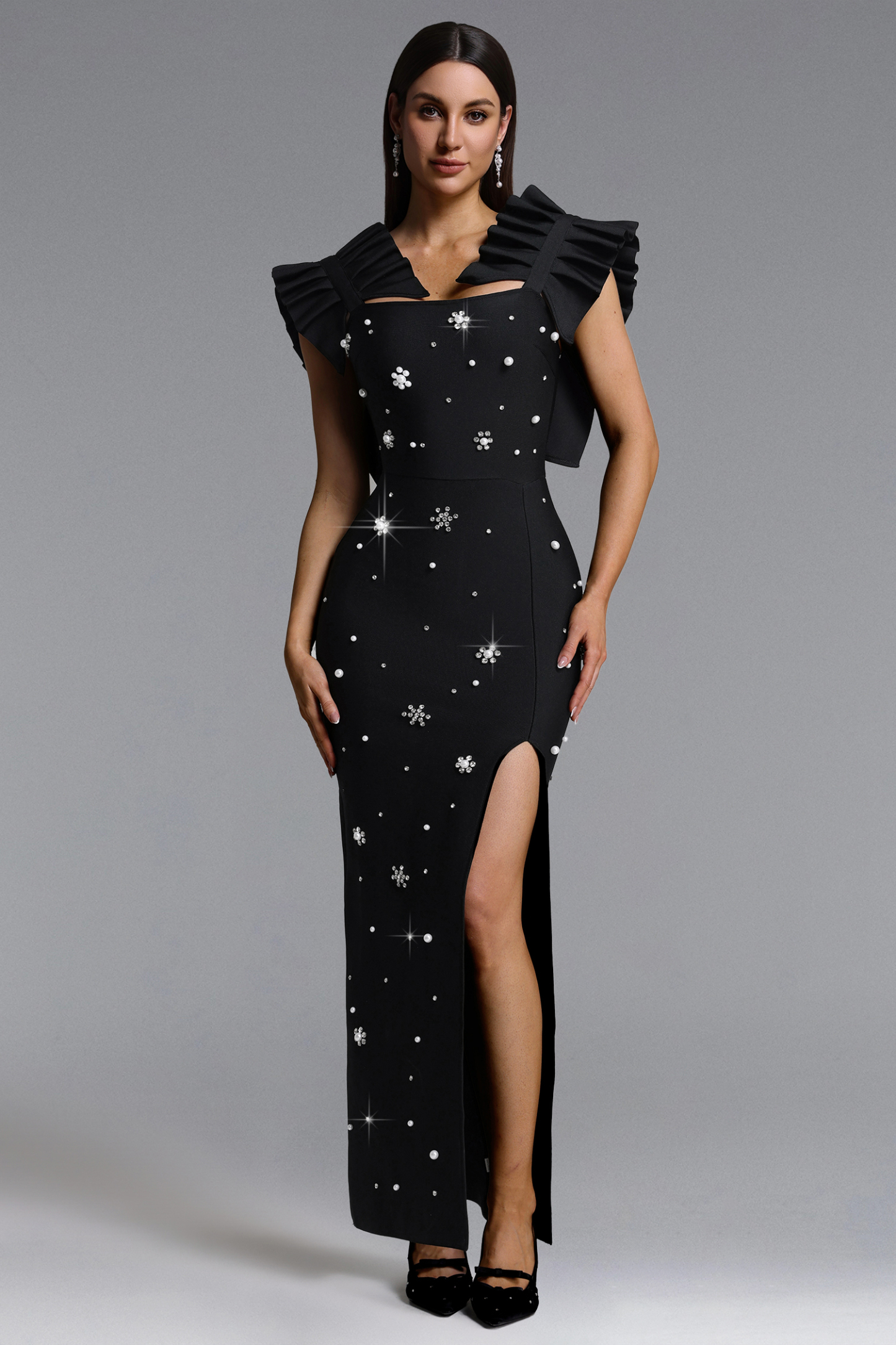 Diliro Chic Contour Pleated Strap Rhinestone Bandage Maxi Dress