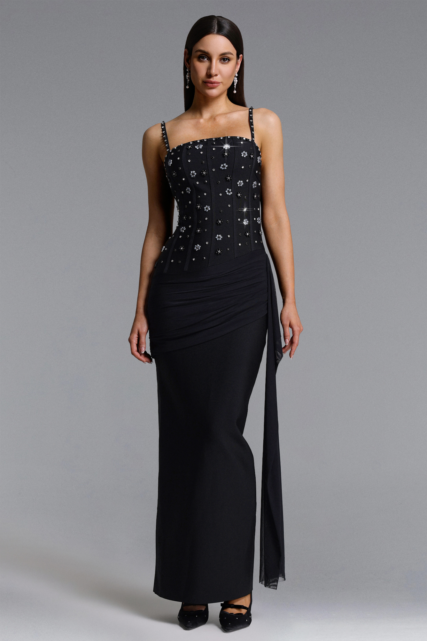Jyllian Elegant Contour Sleeveless Rhinestone Bandage Maxi Dress