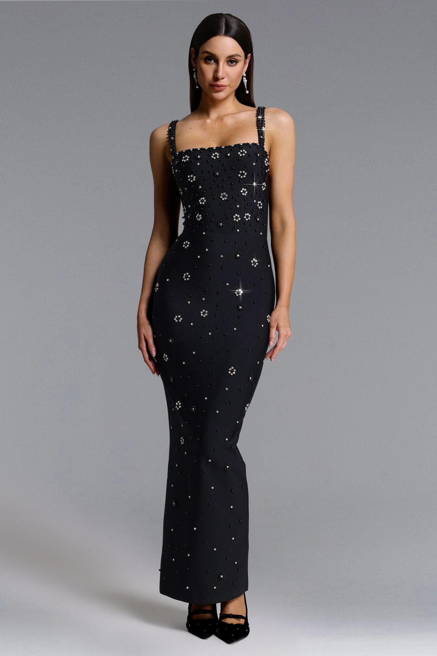 Dellis Glamorous Contour Sleevless Rhinestone Bandage Maxi Dress