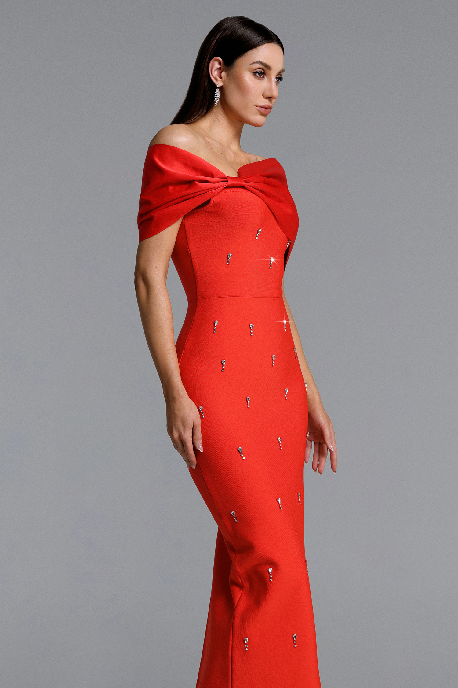 Palez Sleeveless One Shoulder Diamond Bow Bandage Maxi Dress