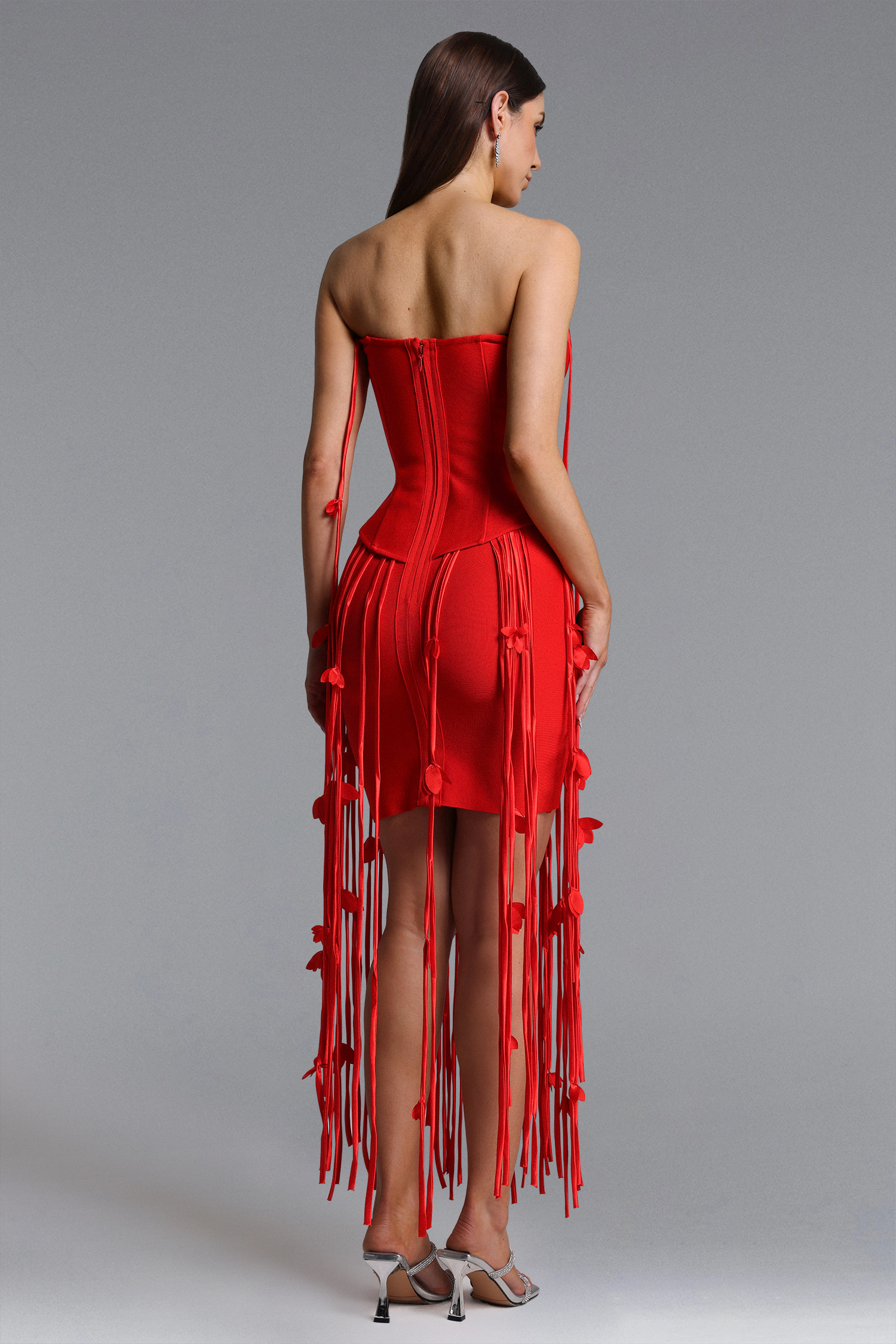 Quanha Romantic Contour Strapless Fringe Bandage Midi Dress