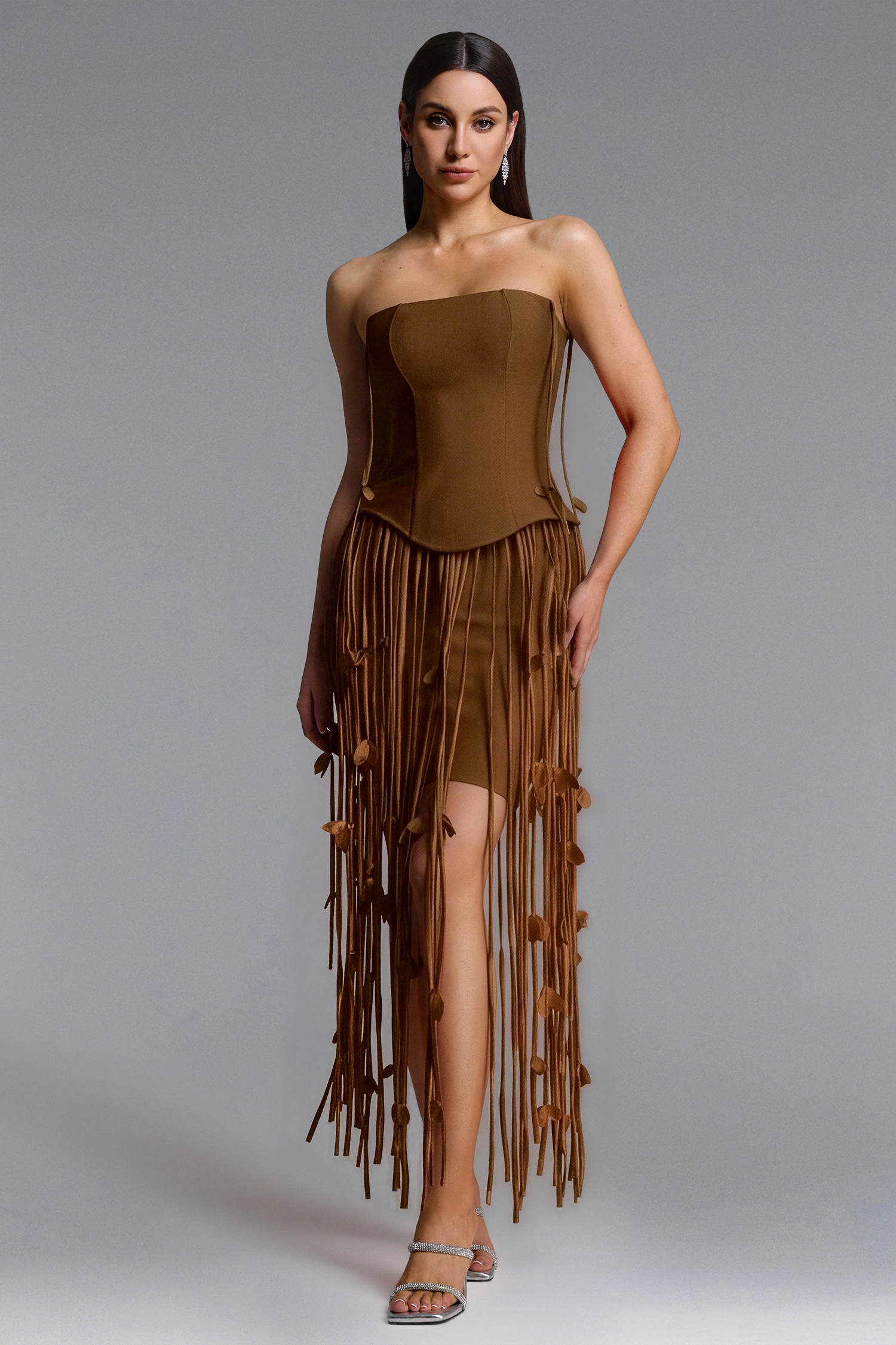 Mikin Chic Contour Strapless Leaf Fringe Bandage Mini Dress