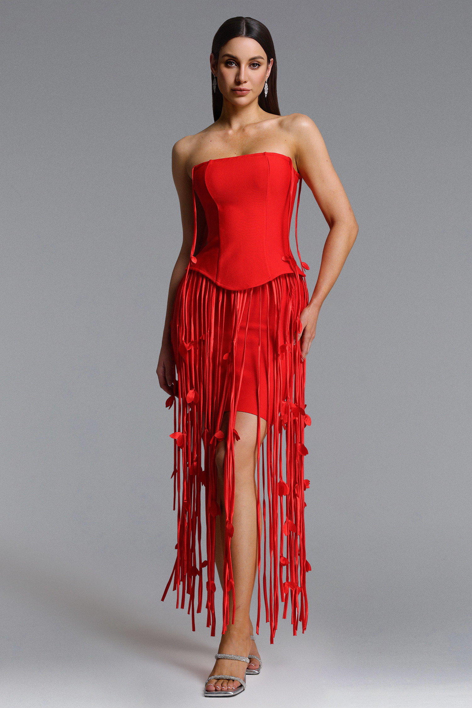 Quanha Romantic Contour Strapless Fringe Bandage Midi Dress