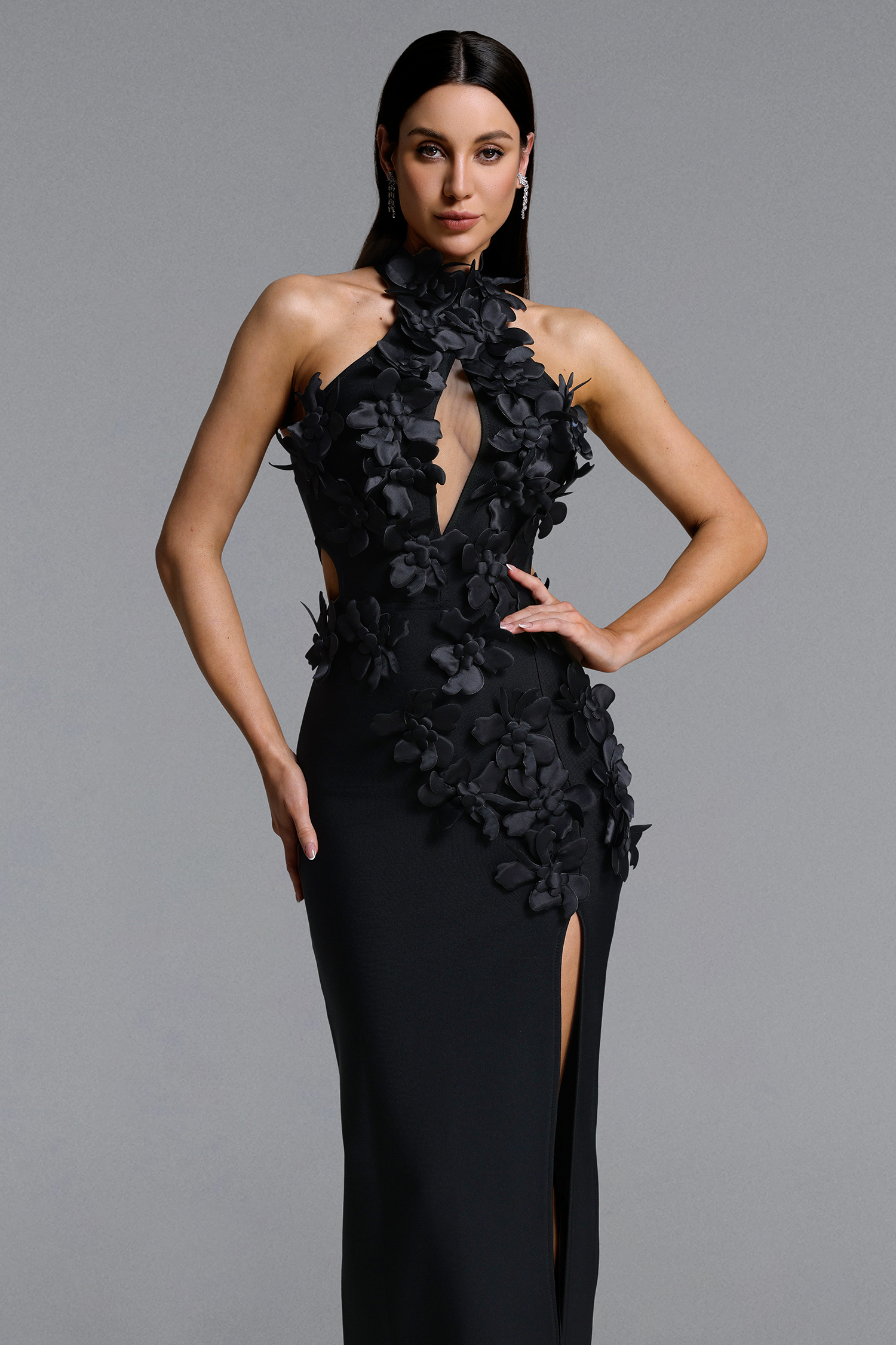 Miriam Chic Contour Halter Cut Out High Slit Floral Bandage Maxi Dress