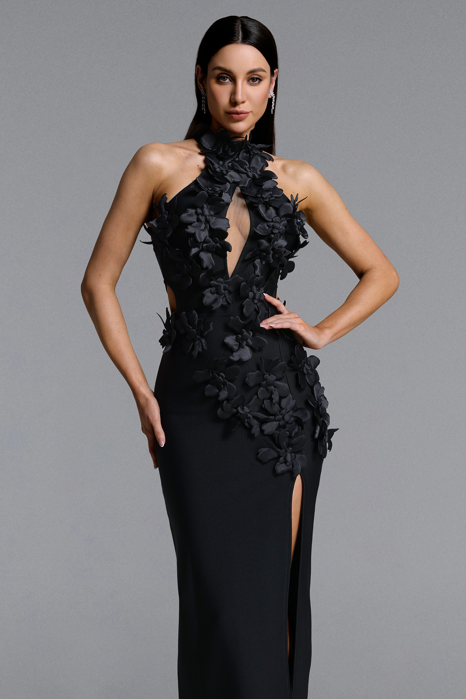 Miriam Chic Contour Halter Cut Out High Slit Floral Bandage Maxi Dress