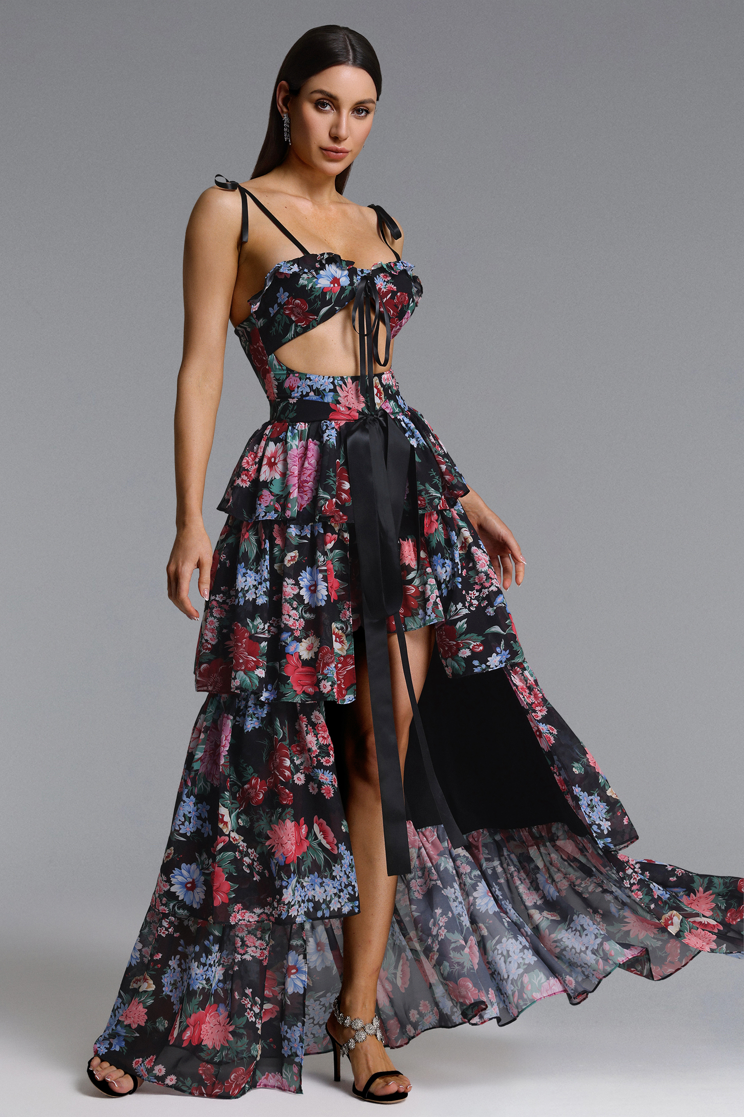 Pale Chic Flowy Halter Cut Out Floral Print Ruffle Maxi Dress