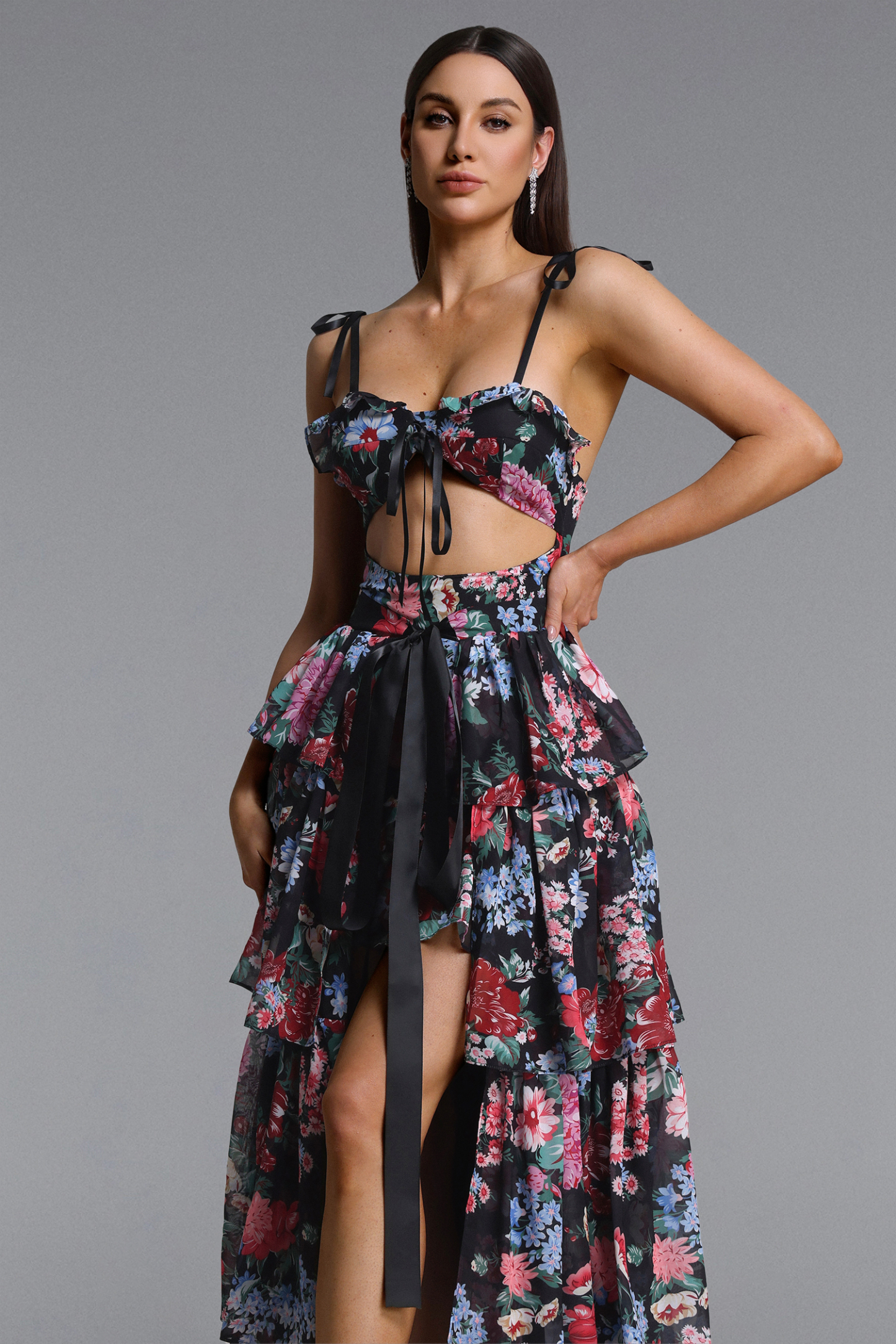 Pale Chic Flowy Halter Cut Out Floral Print Ruffle Maxi Dress