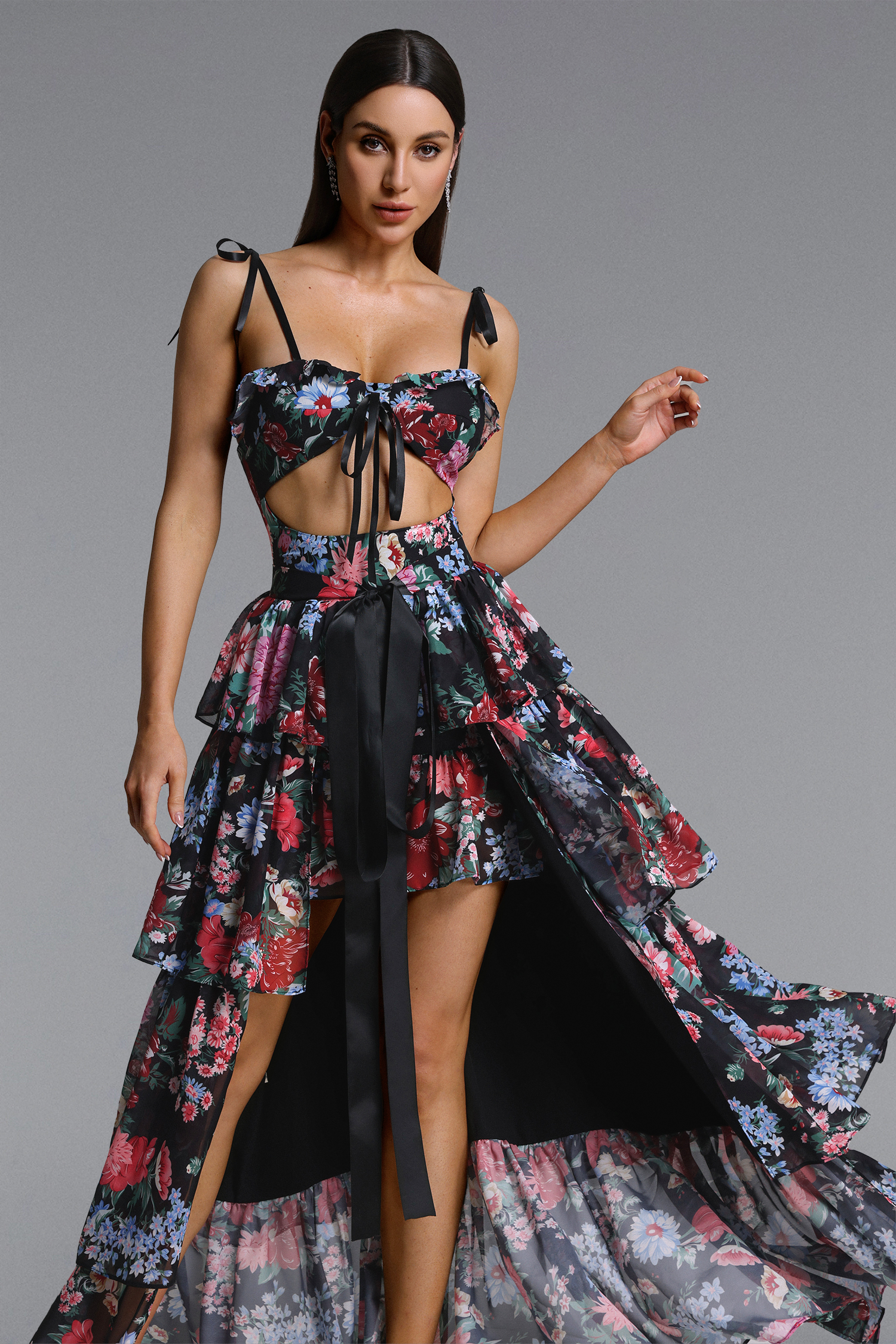 Pale Chic Flowy Halter Cut Out Floral Print Ruffle Maxi Dress