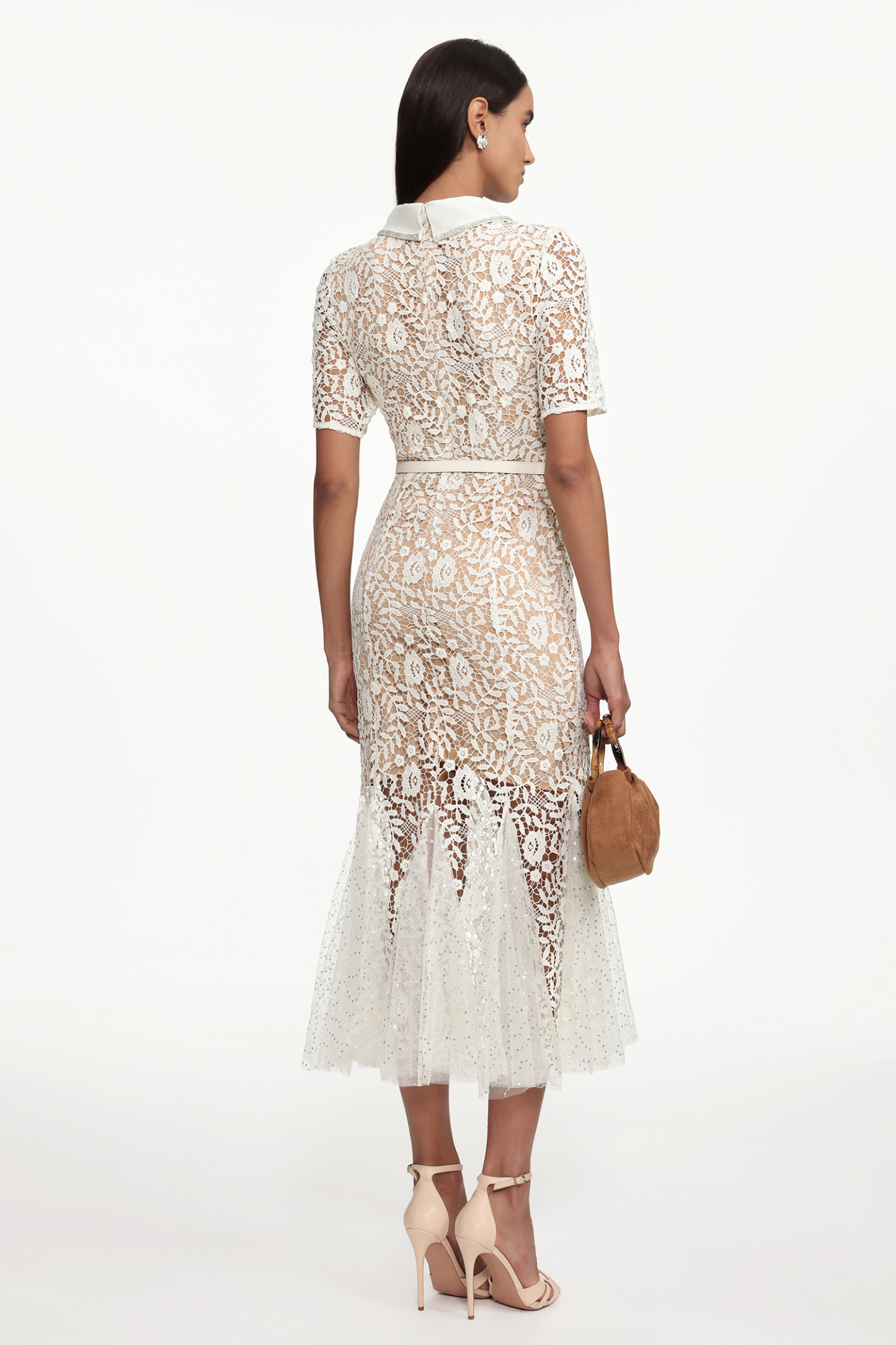 Selly Elegant Contour Short Sleeve Rhinestone Floral Lace Woven Maxi Dress