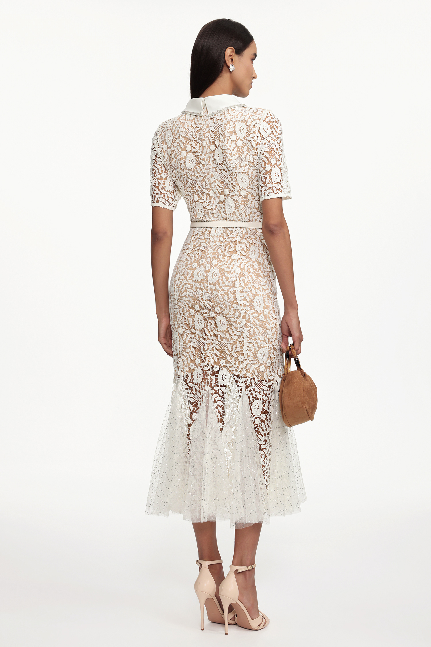 Selly Elegant Contour Short Sleeve Rhinestone Floral Lace Woven Maxi Dress