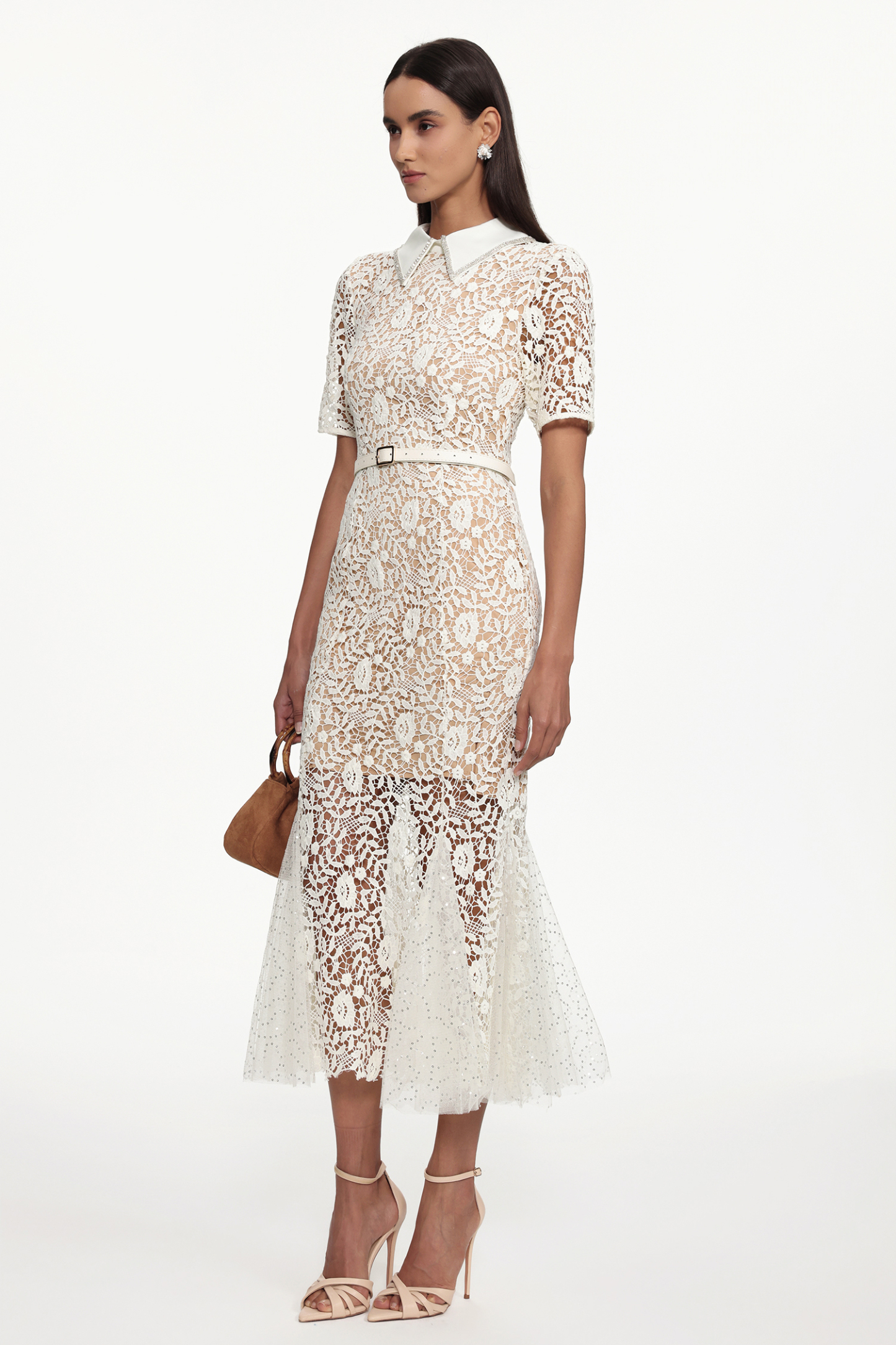 Selly Elegant Contour Short Sleeve Rhinestone Floral Lace Woven Maxi Dress