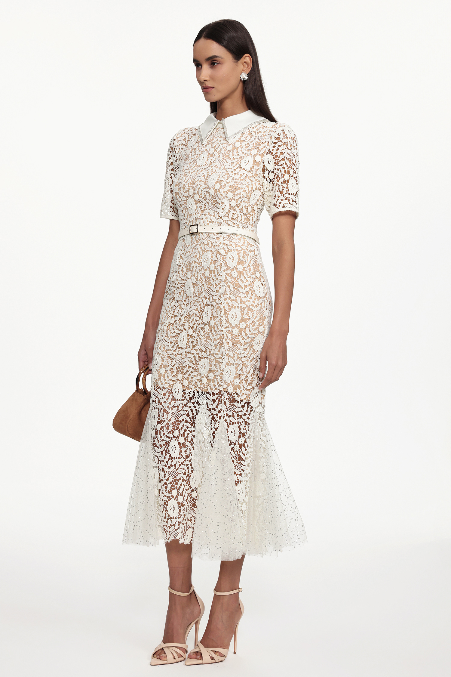 Selly Elegant Contour Short Sleeve Rhinestone Floral Lace Woven Maxi Dress