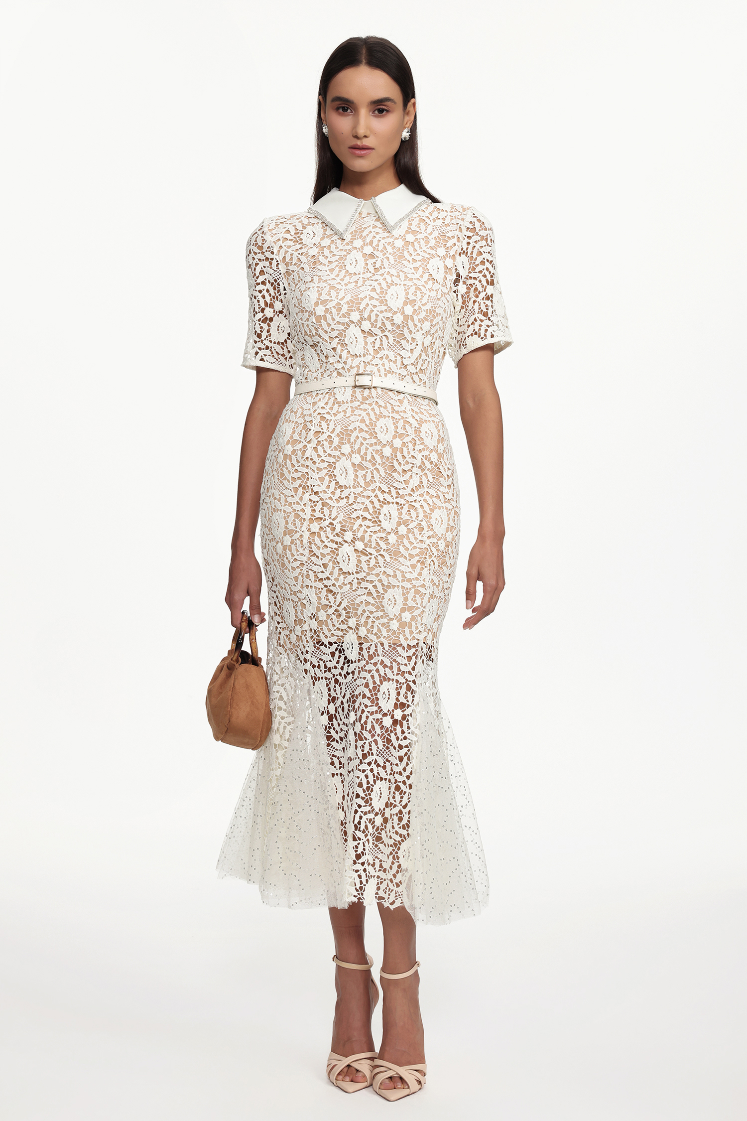 Selly Elegant Contour Short Sleeve Rhinestone Floral Lace Woven Maxi Dress