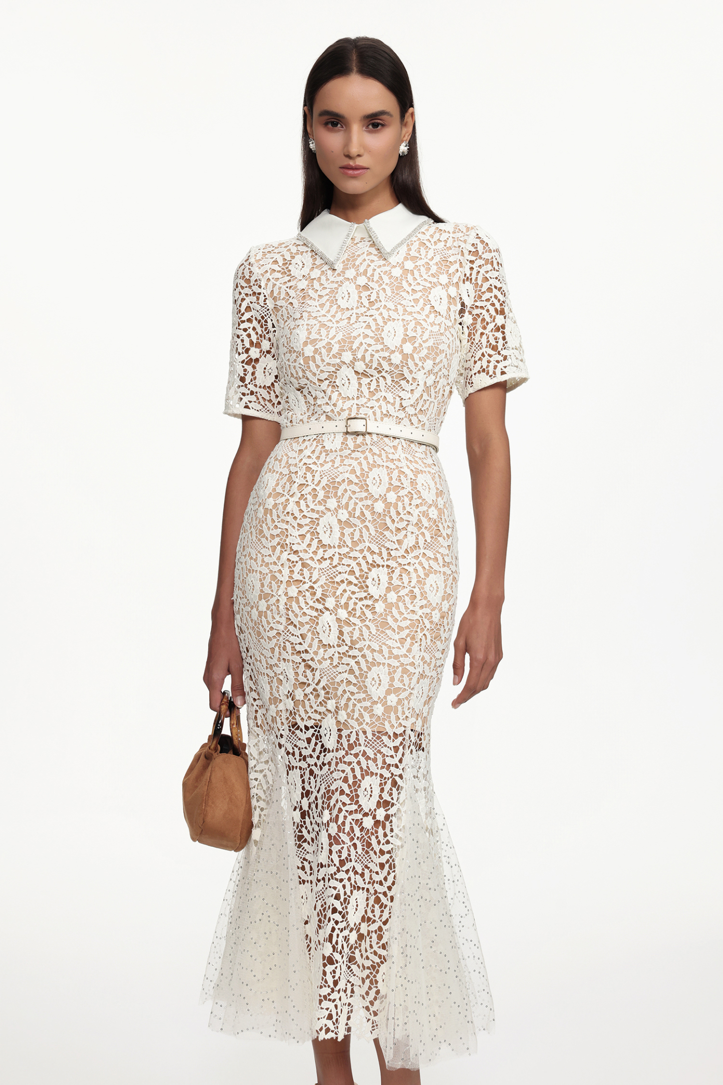 Selly Elegant Contour Short Sleeve Rhinestone Floral Lace Woven Maxi Dress
