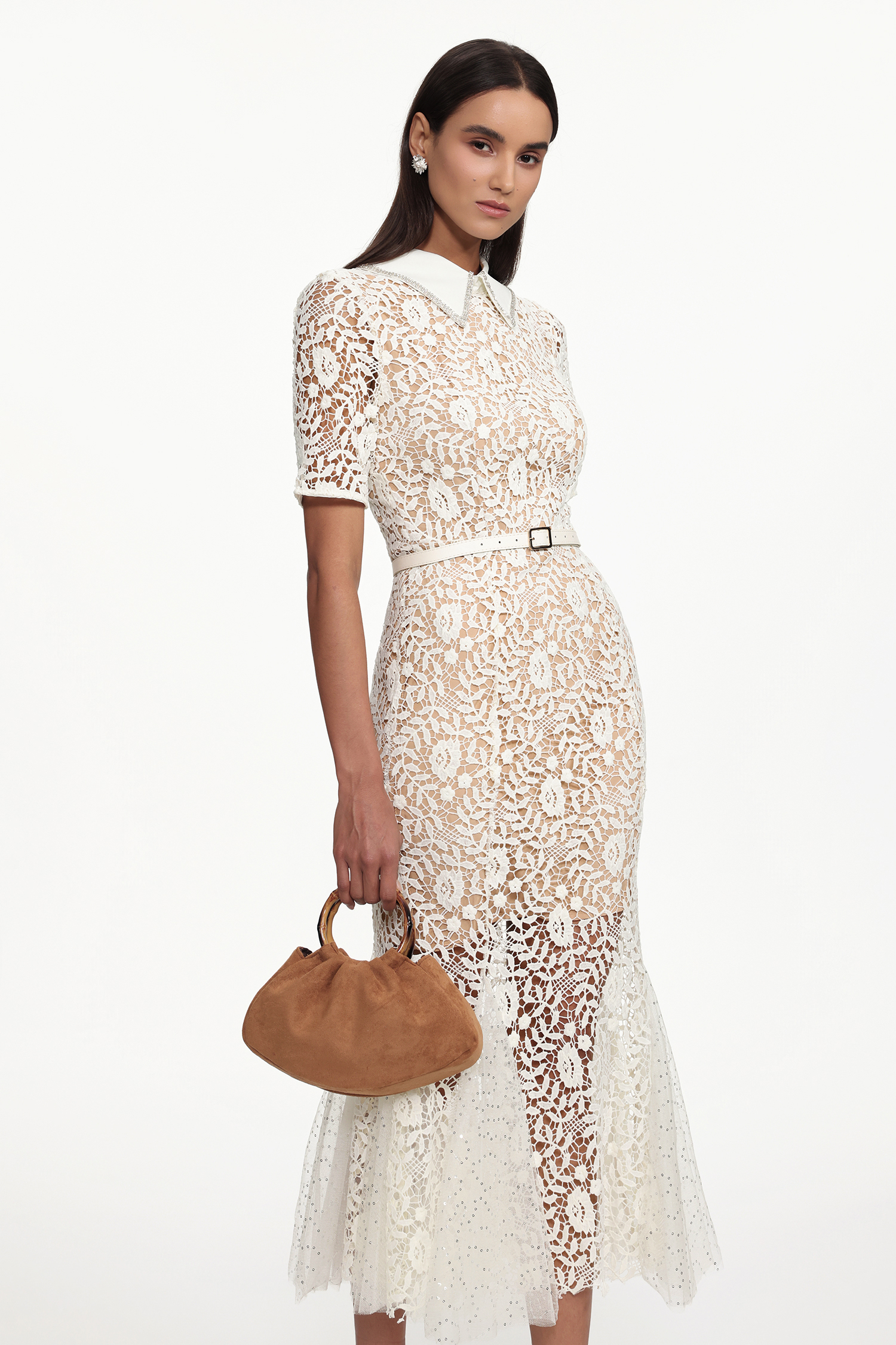 Selly Elegant Contour Short Sleeve Rhinestone Floral Lace Woven Maxi Dress