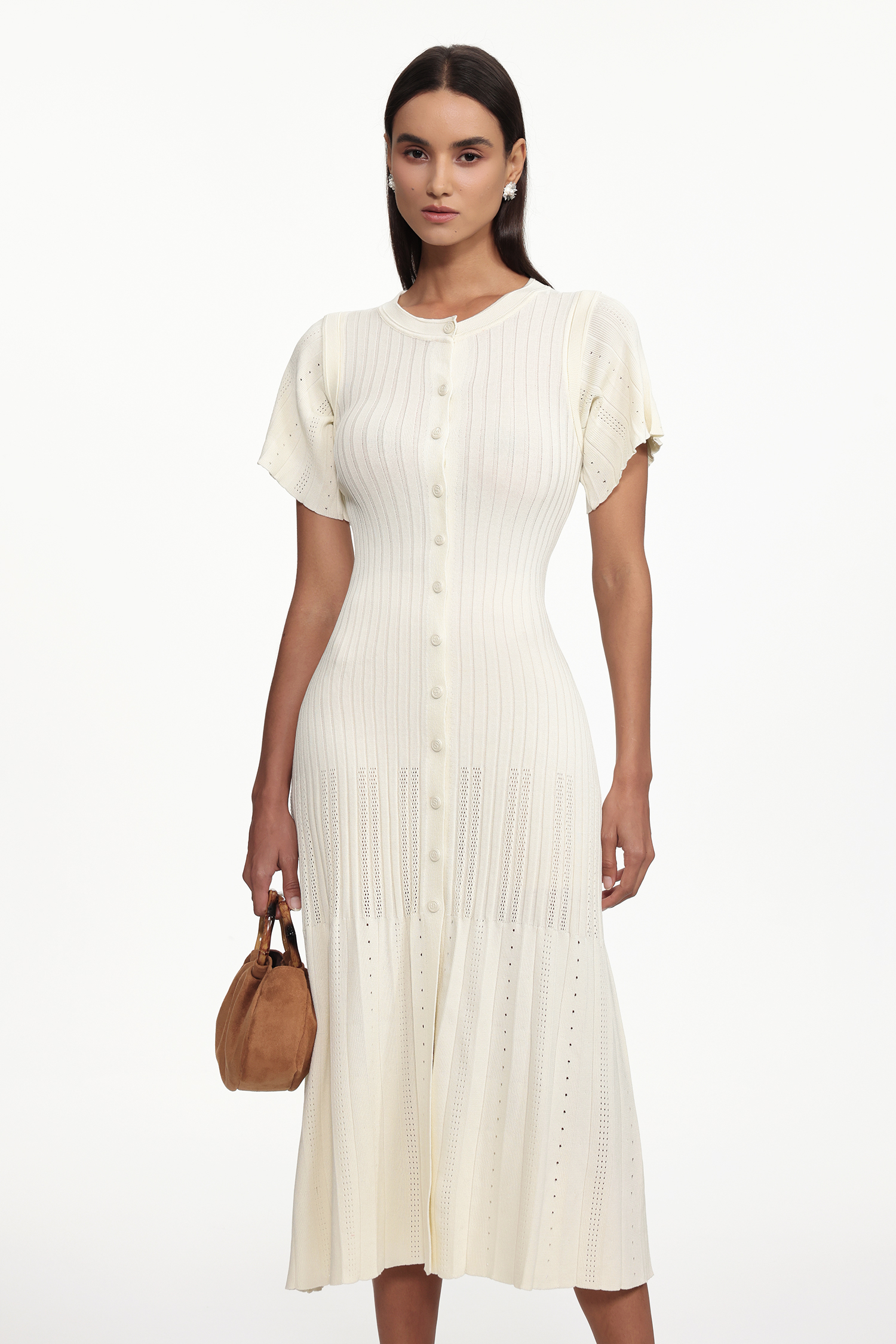 Oberta Elegant Contour Round Neck Short Sleeve Buttoned Knit Maxi Dress