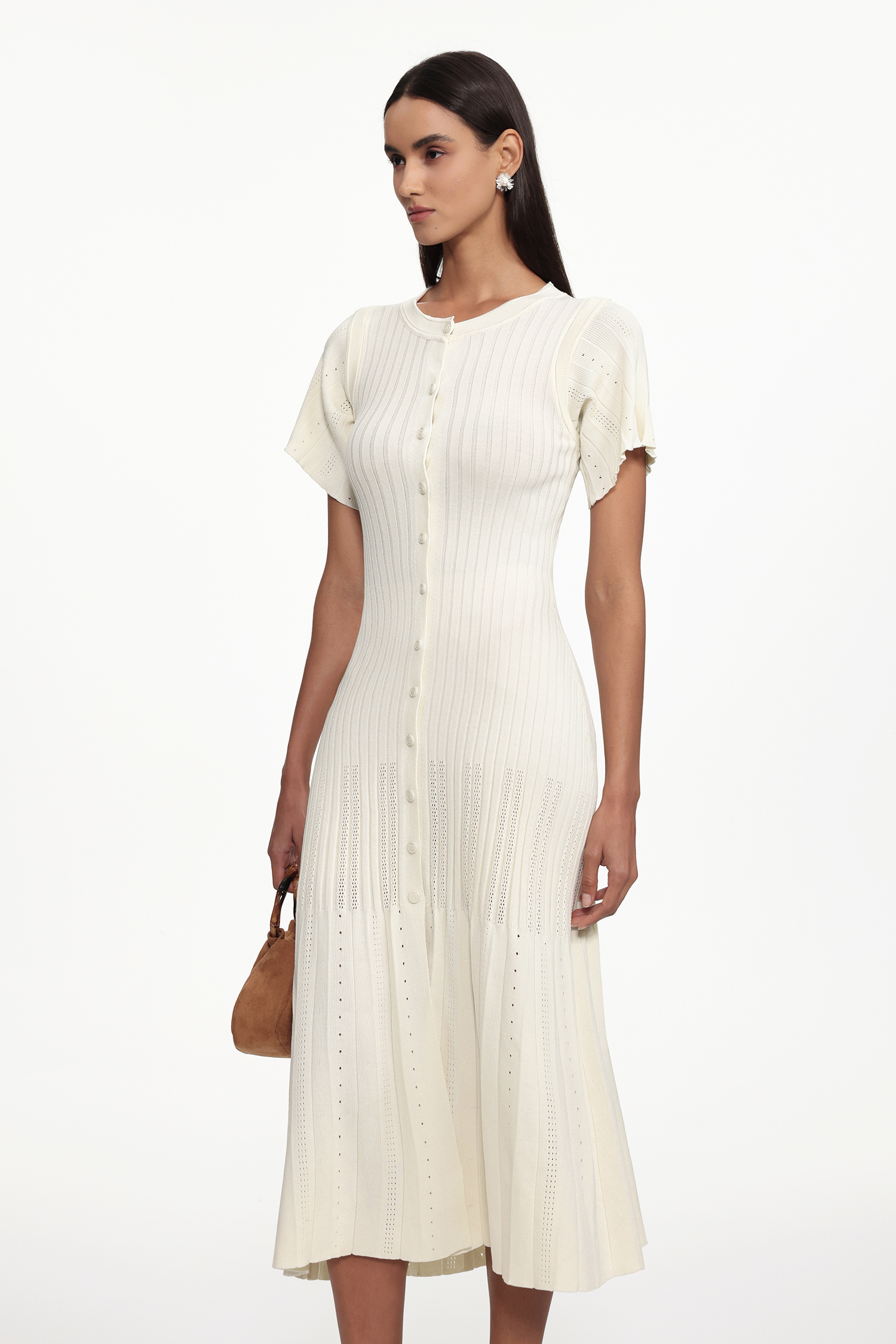 Oberta Elegant Contour Round Neck Short Sleeve Buttoned Knit Maxi Dress