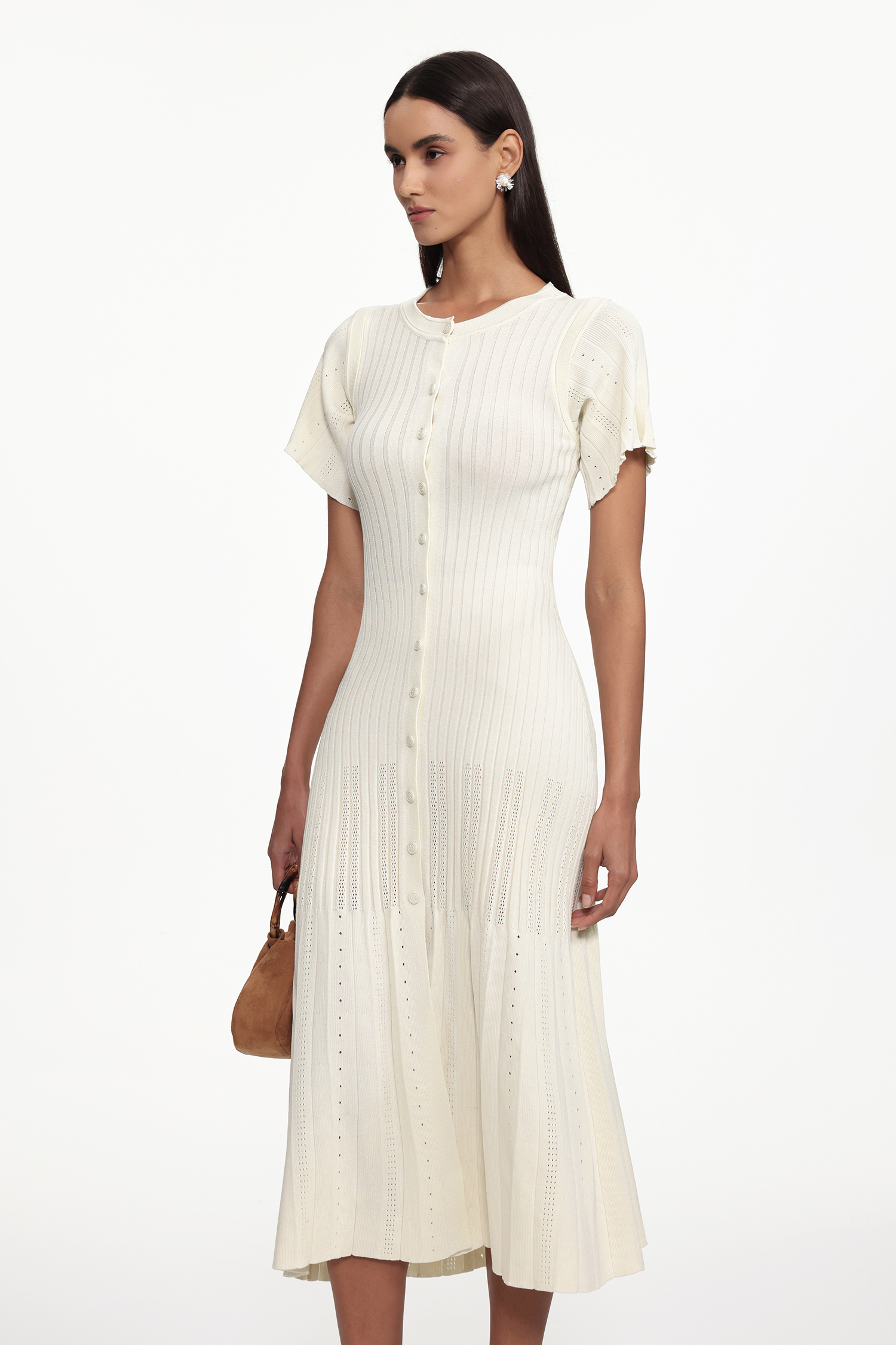 Oberta Elegant Contour Round Neck Short Sleeve Buttoned Knit Maxi Dress