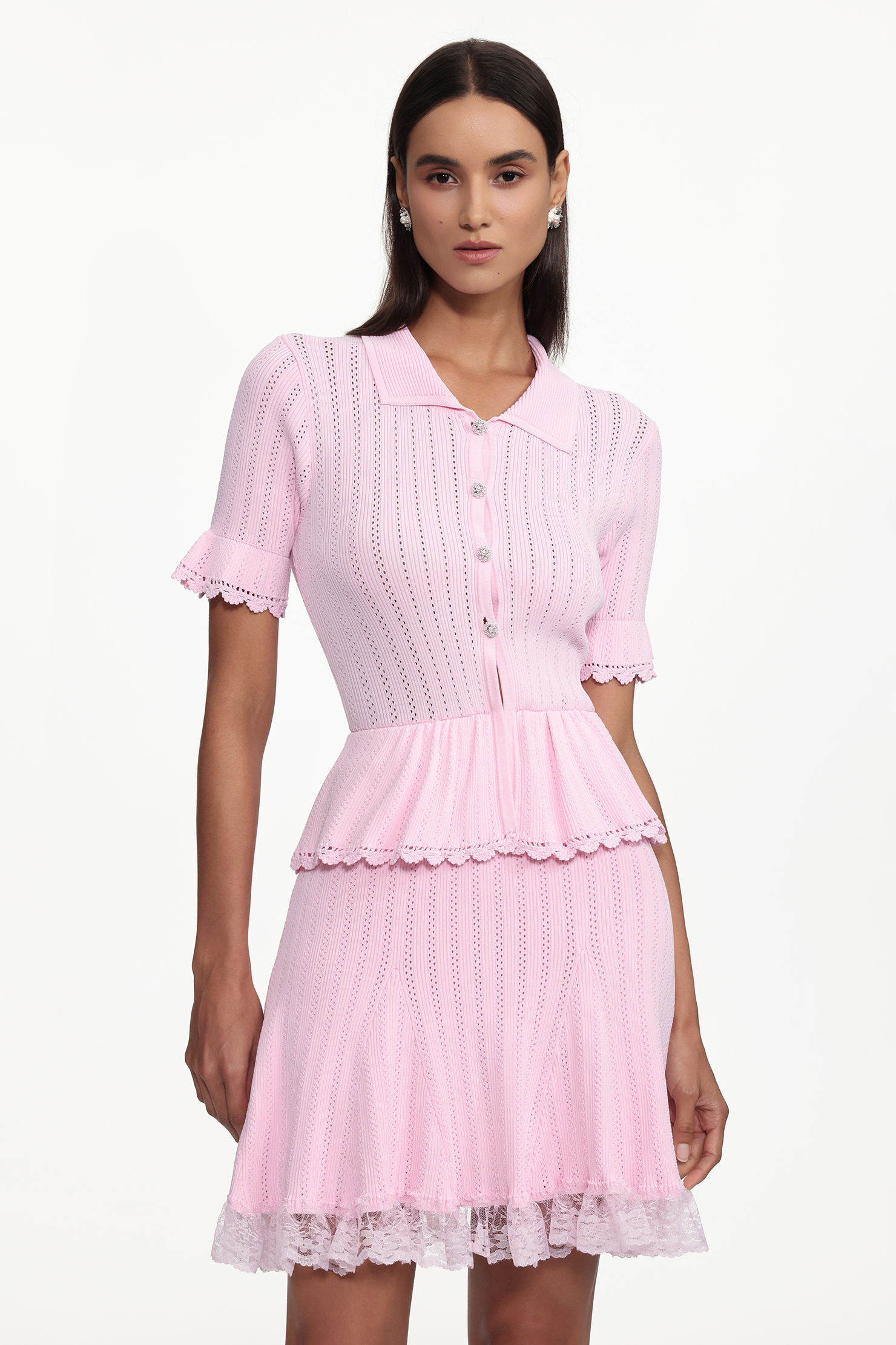 Gisel Classic Contour Short Sleeve Rhinestone Ruffle Knit Mini Dress