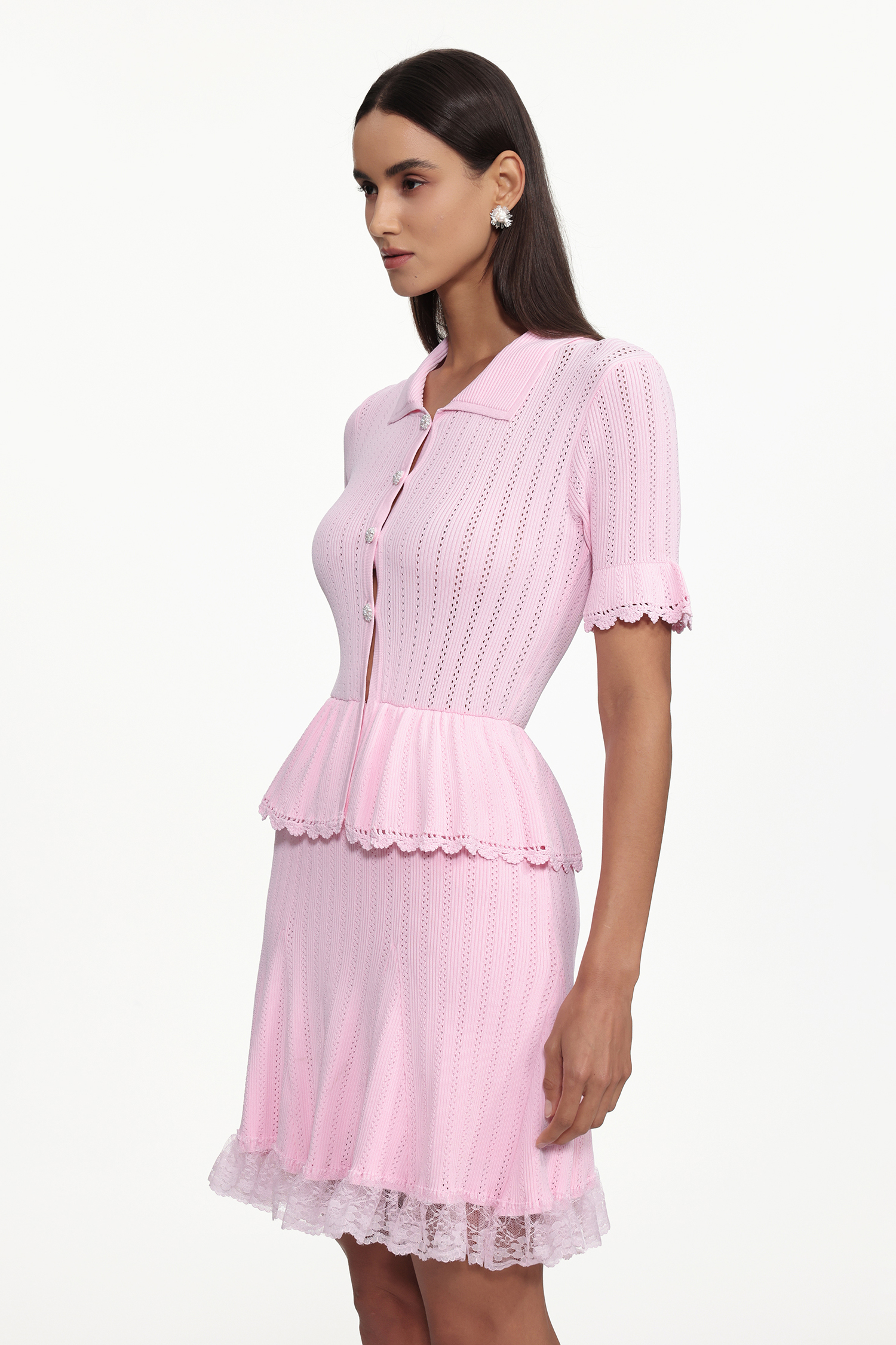 Gisel Classic Contour Short Sleeve Rhinestone Ruffle Knit Mini Dress