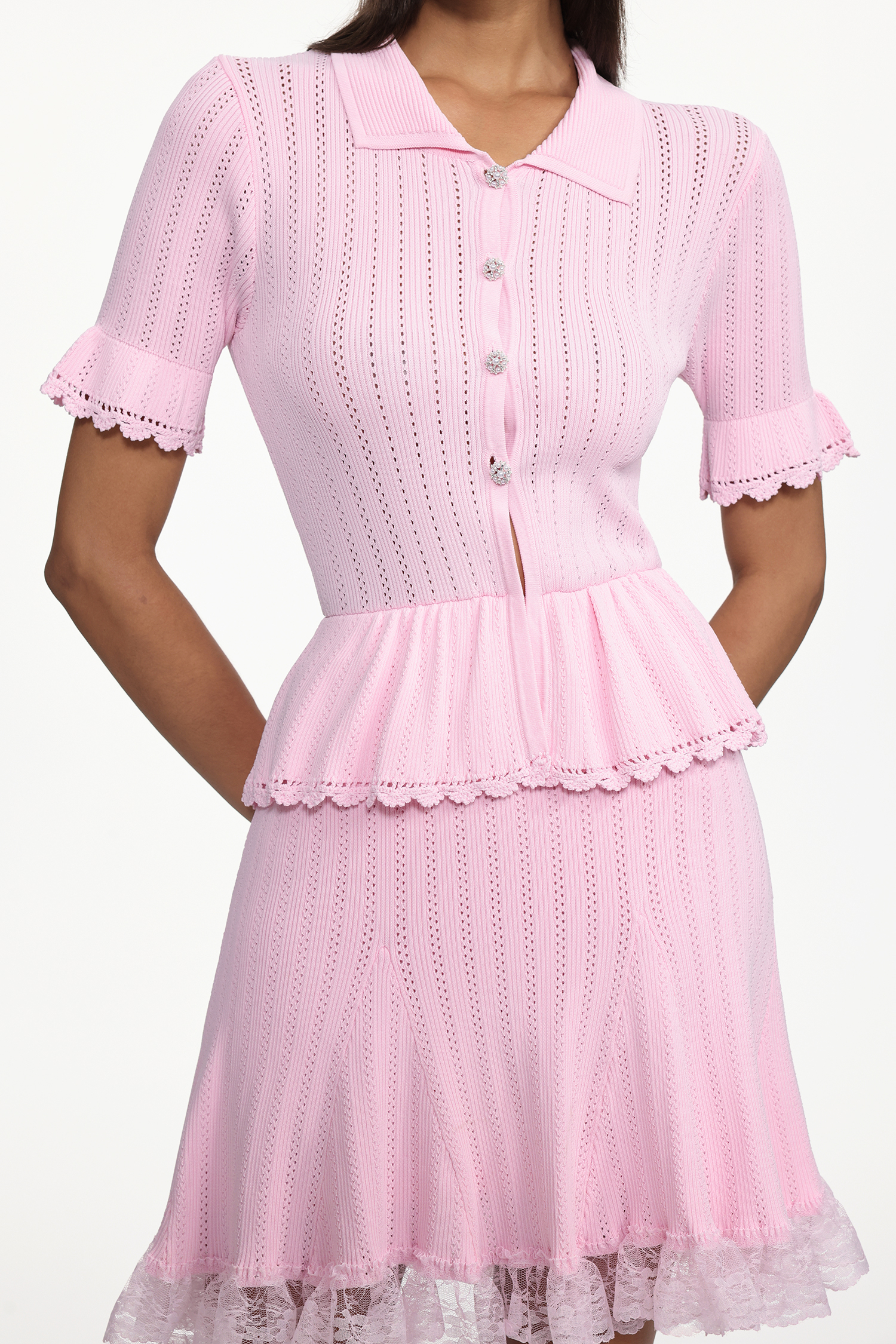 Gisel Classic Contour Short Sleeve Rhinestone Ruffle Knit Mini Dress