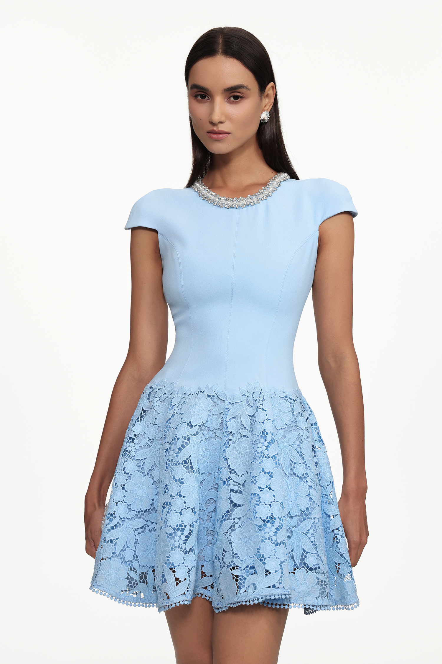 Eirene Elegant Tailored Round Neck Short Sleeve Rhinestone Floral Lace Mini Dress