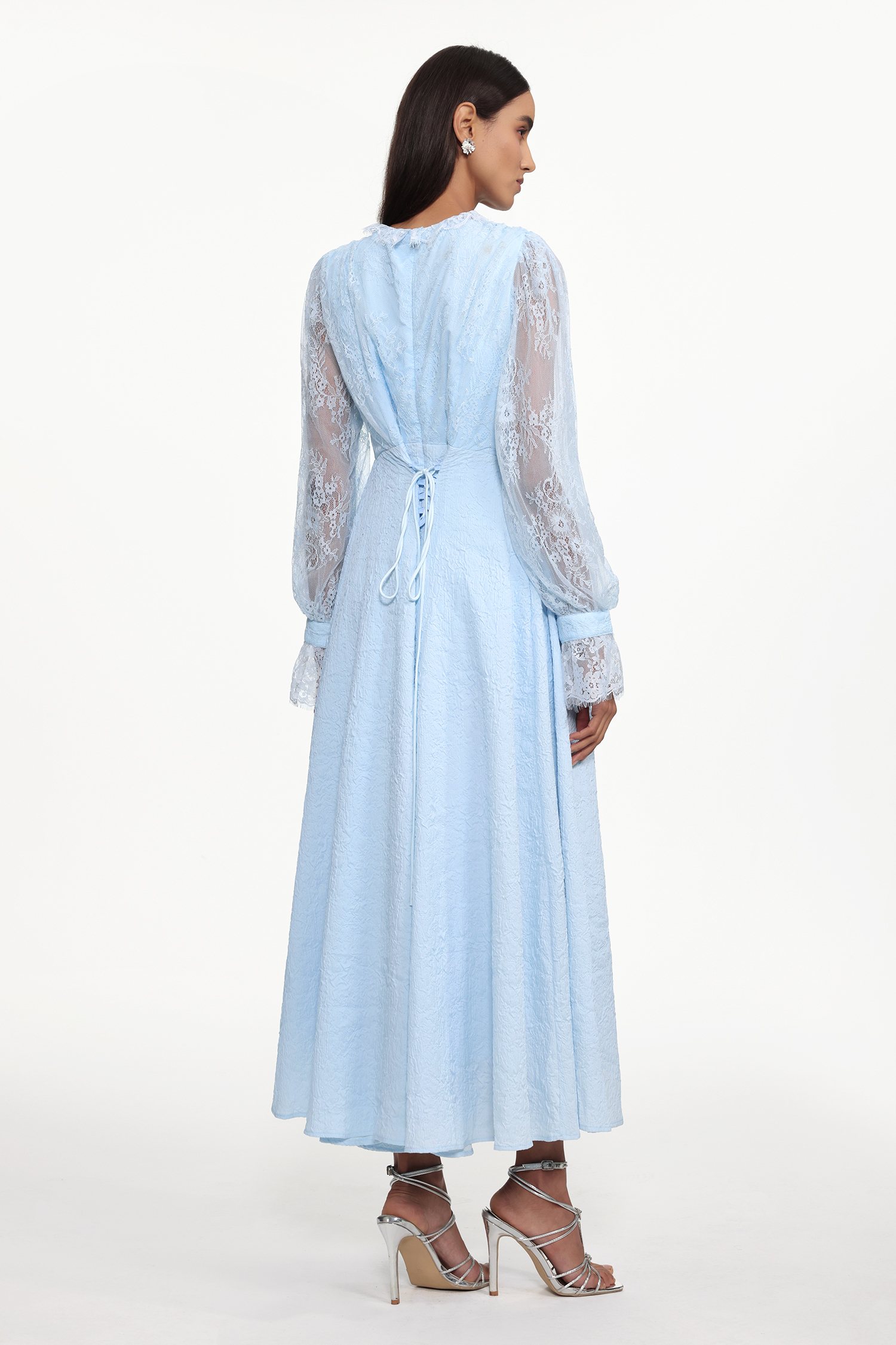Kahlo Resort Flowy V Neck Long Sleeve Lace Woven Maxi Dress