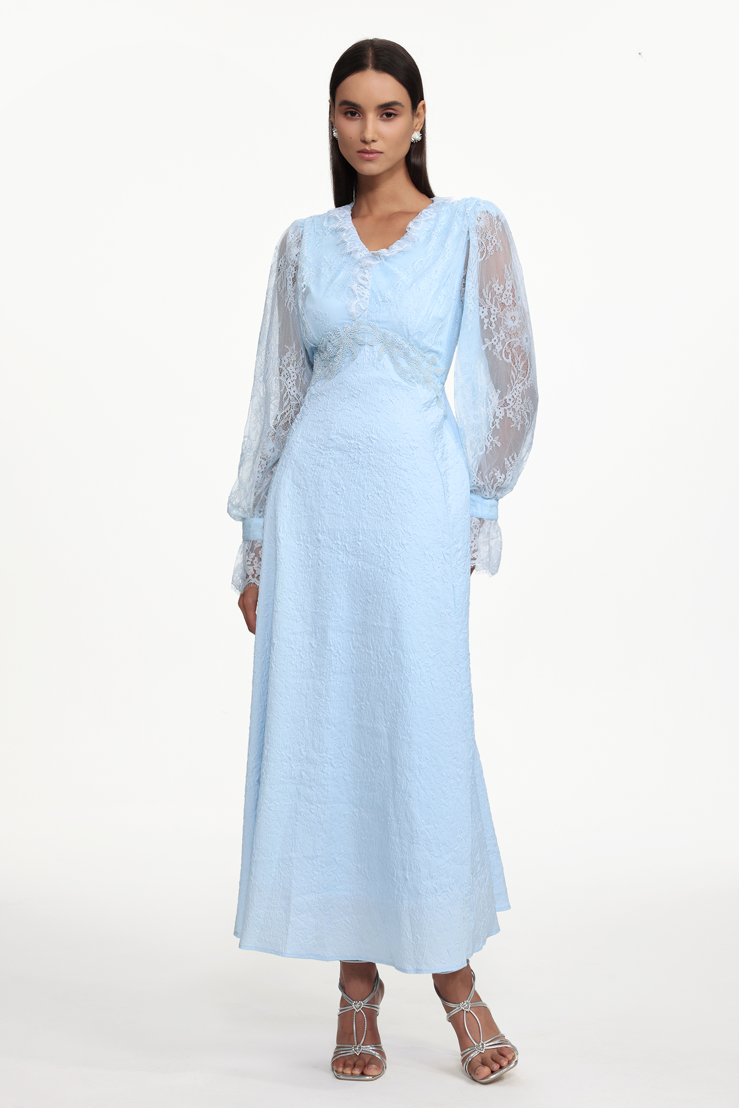 Kahlo Resort Flowy V Neck Long Sleeve Lace Woven Maxi Dress