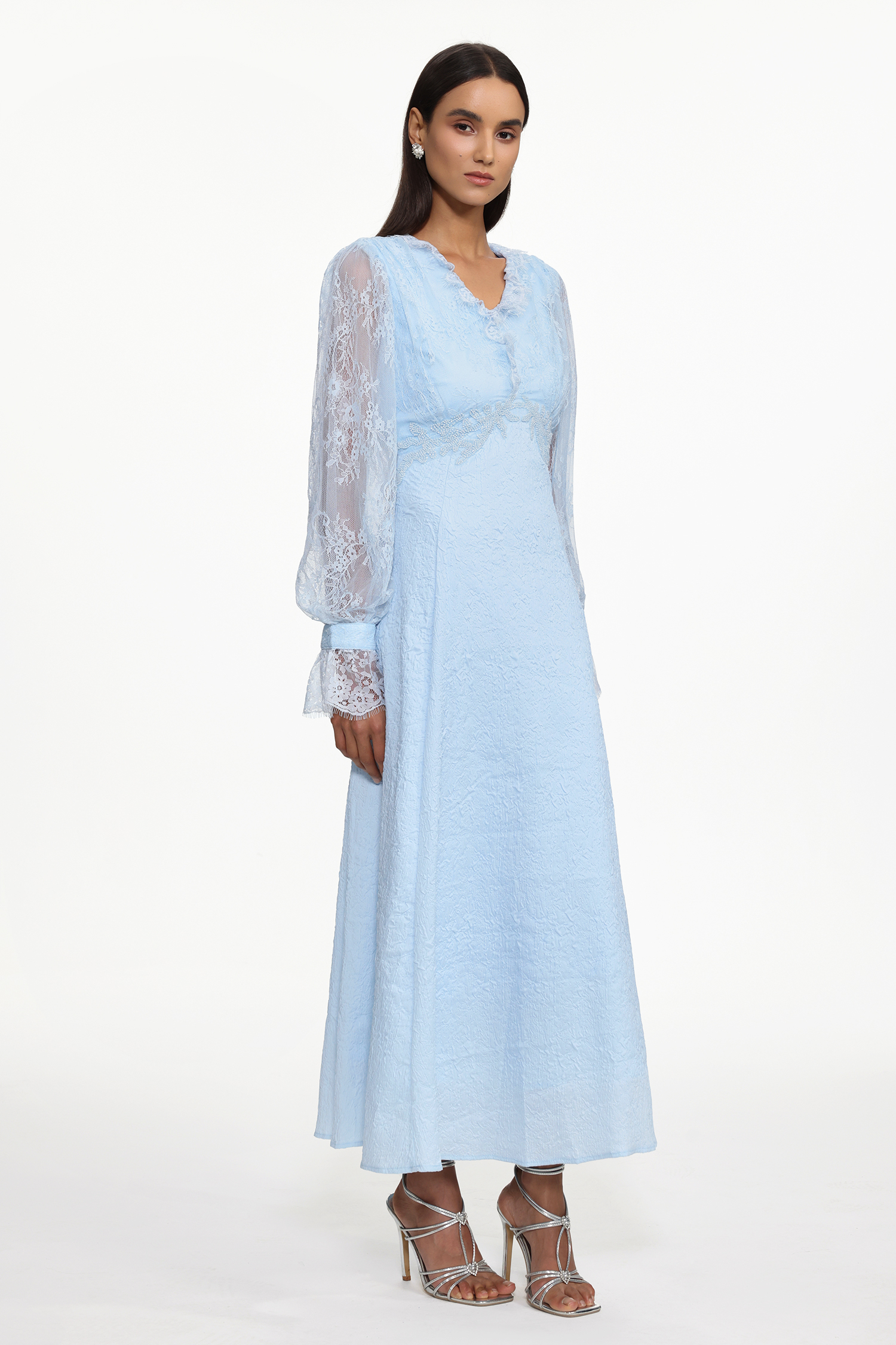 Kahlo Resort Flowy V Neck Long Sleeve Lace Woven Maxi Dress
