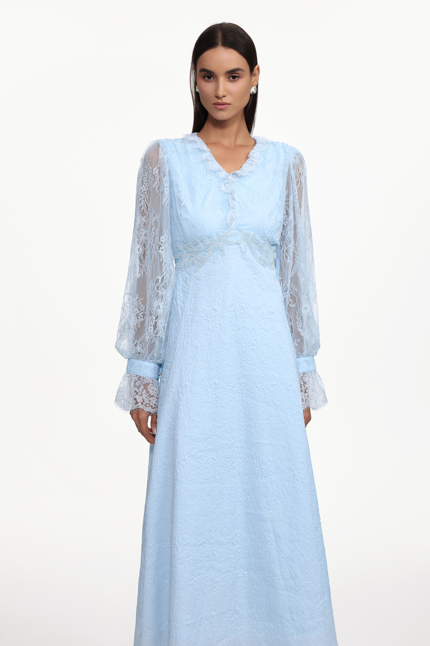 Kahlo Resort Flowy V Neck Long Sleeve Lace Woven Maxi Dress