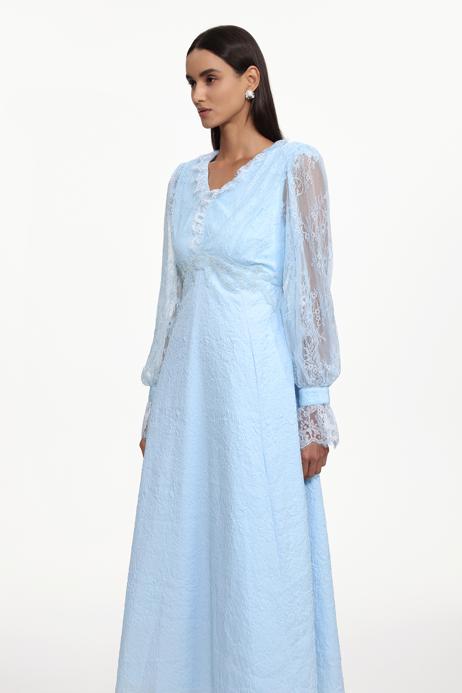 Kahlo Resort Flowy V Neck Long Sleeve Lace Woven Maxi Dress