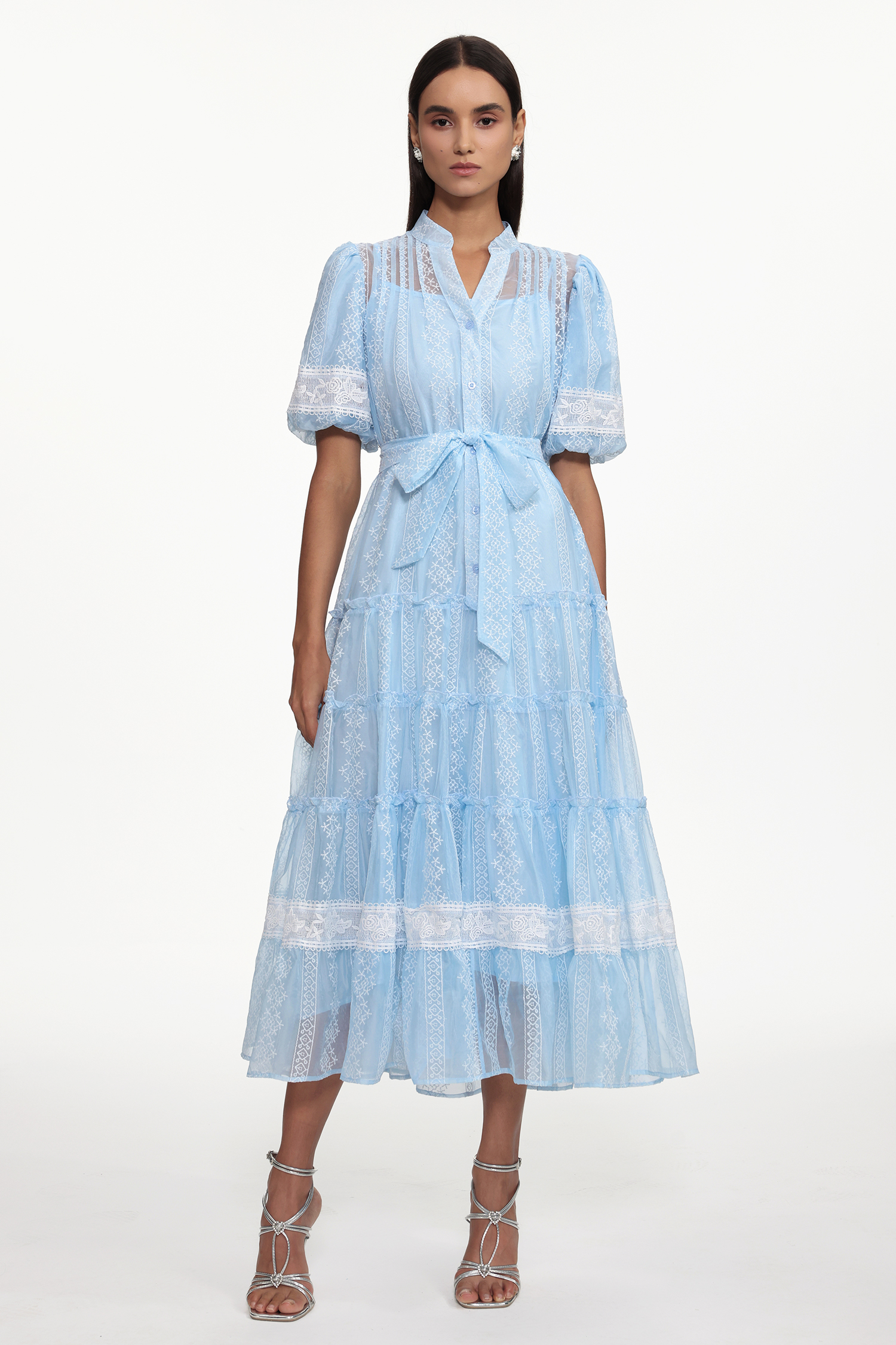 Hulic Resort Flowy Puff Sleeve Lace Woven Maxi Dress