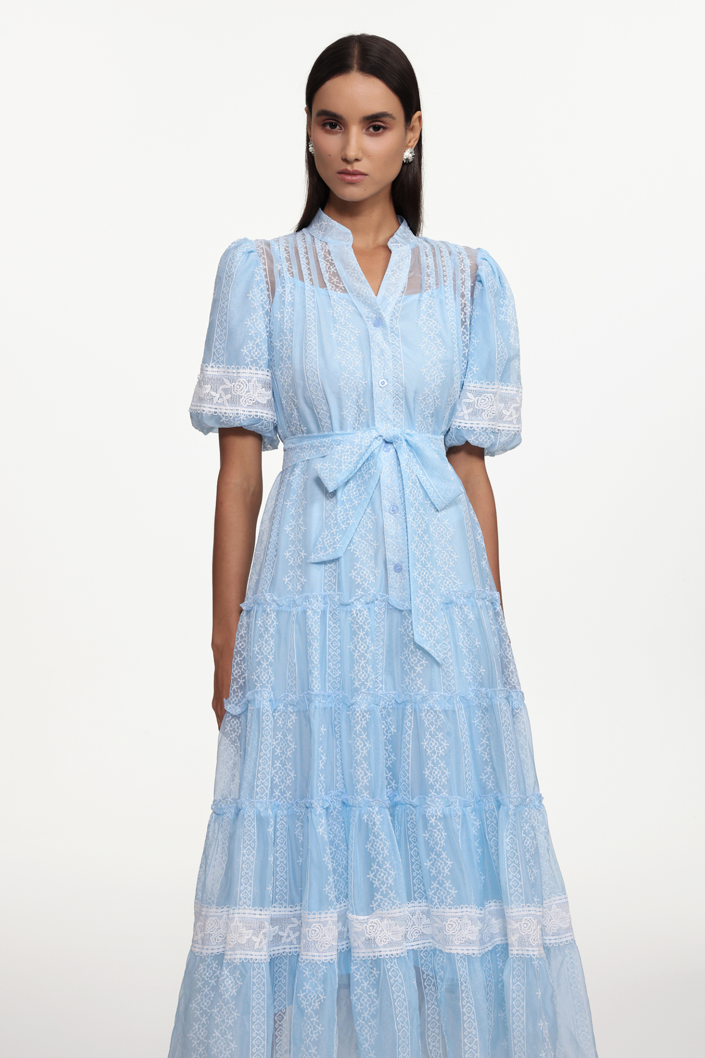 Hulic Resort Flowy Puff Sleeve Lace Woven Maxi Dress