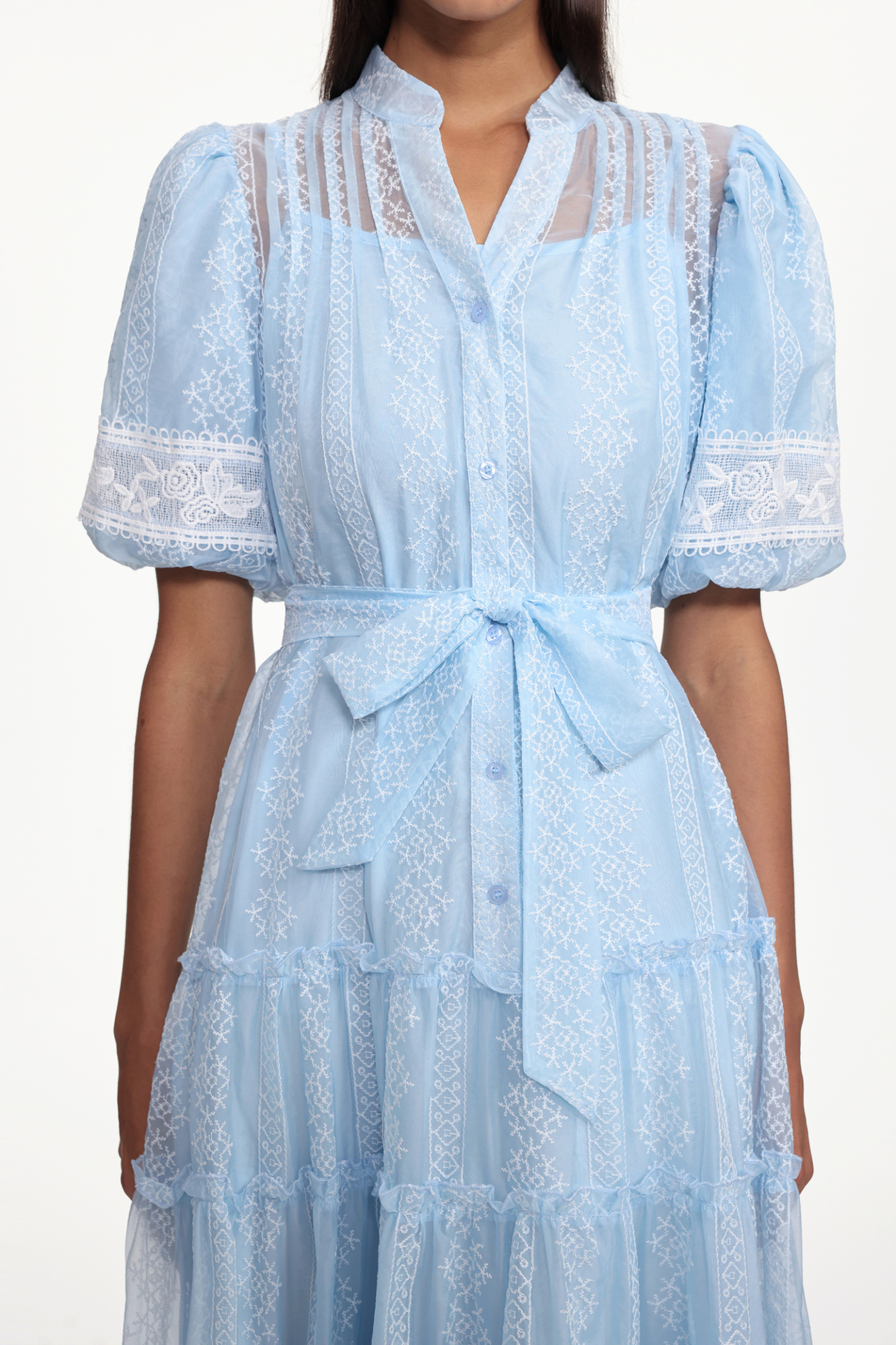 Hulic Resort Flowy Puff Sleeve Lace Woven Maxi Dress