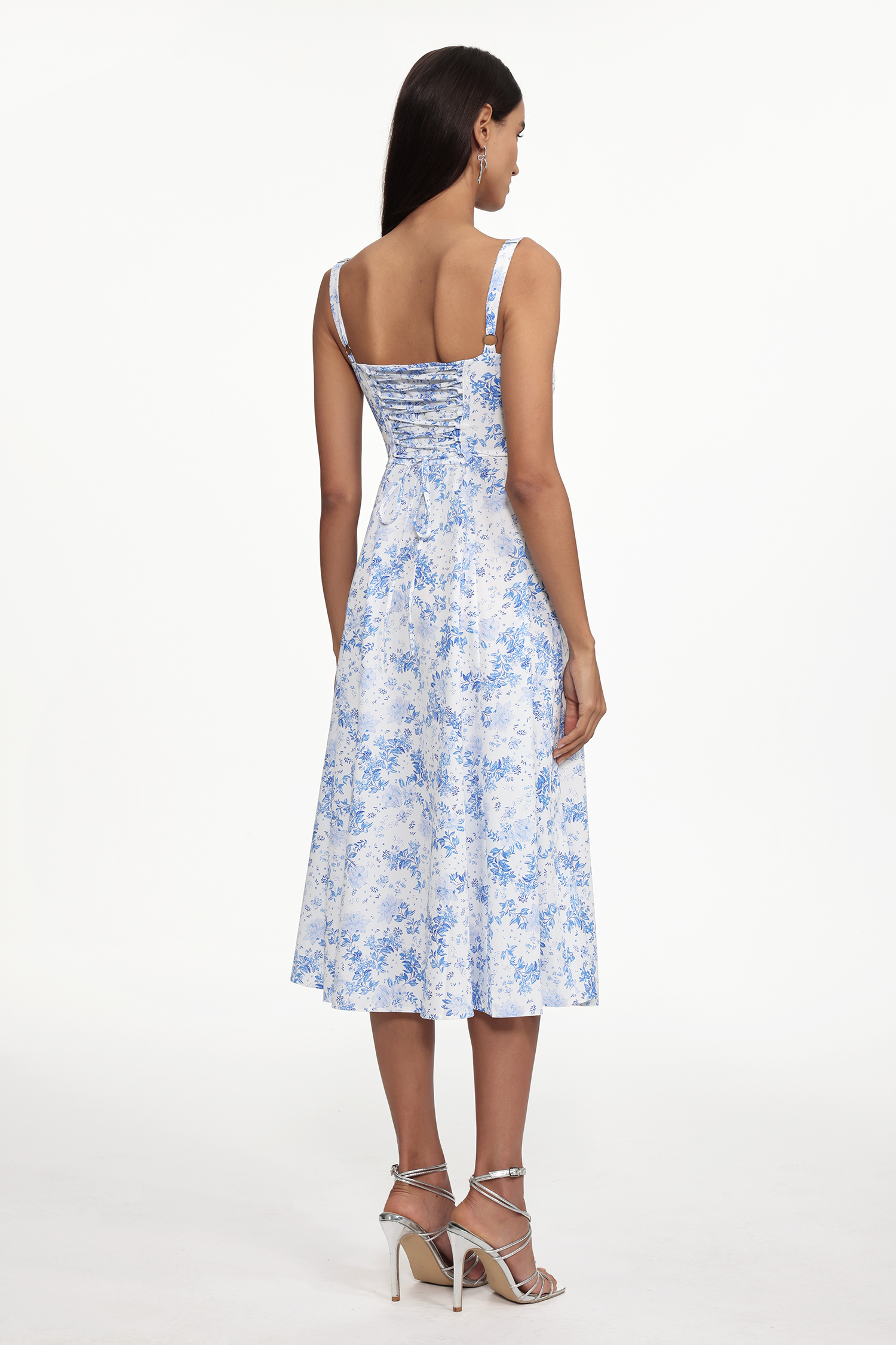 Uercia Romantic Cinched Waist Sleeveless Ruched Floral Print Woven Midi Dress