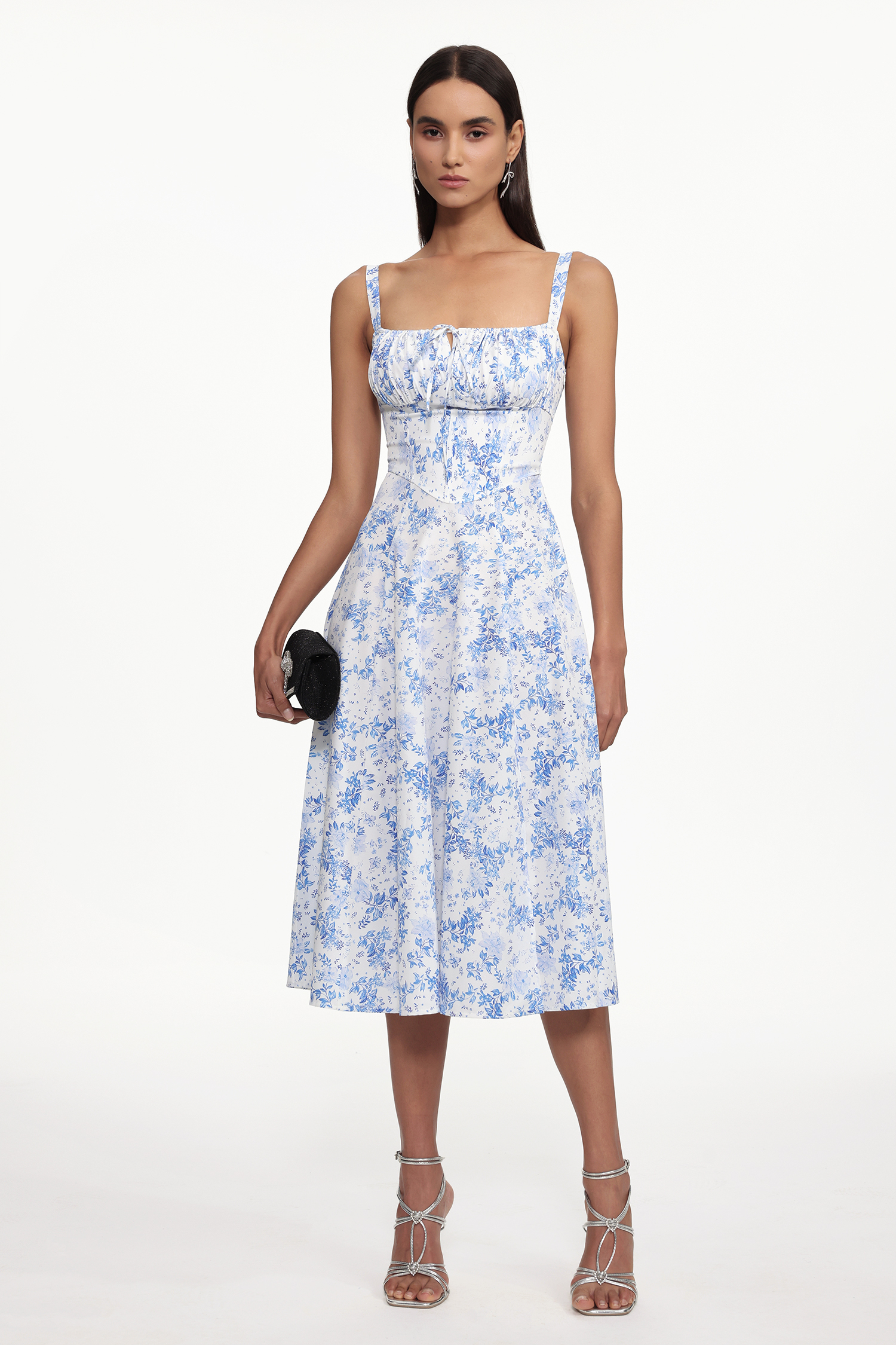 Uercia Romantic Cinched Waist Sleeveless Ruched Floral Print Woven Midi Dress