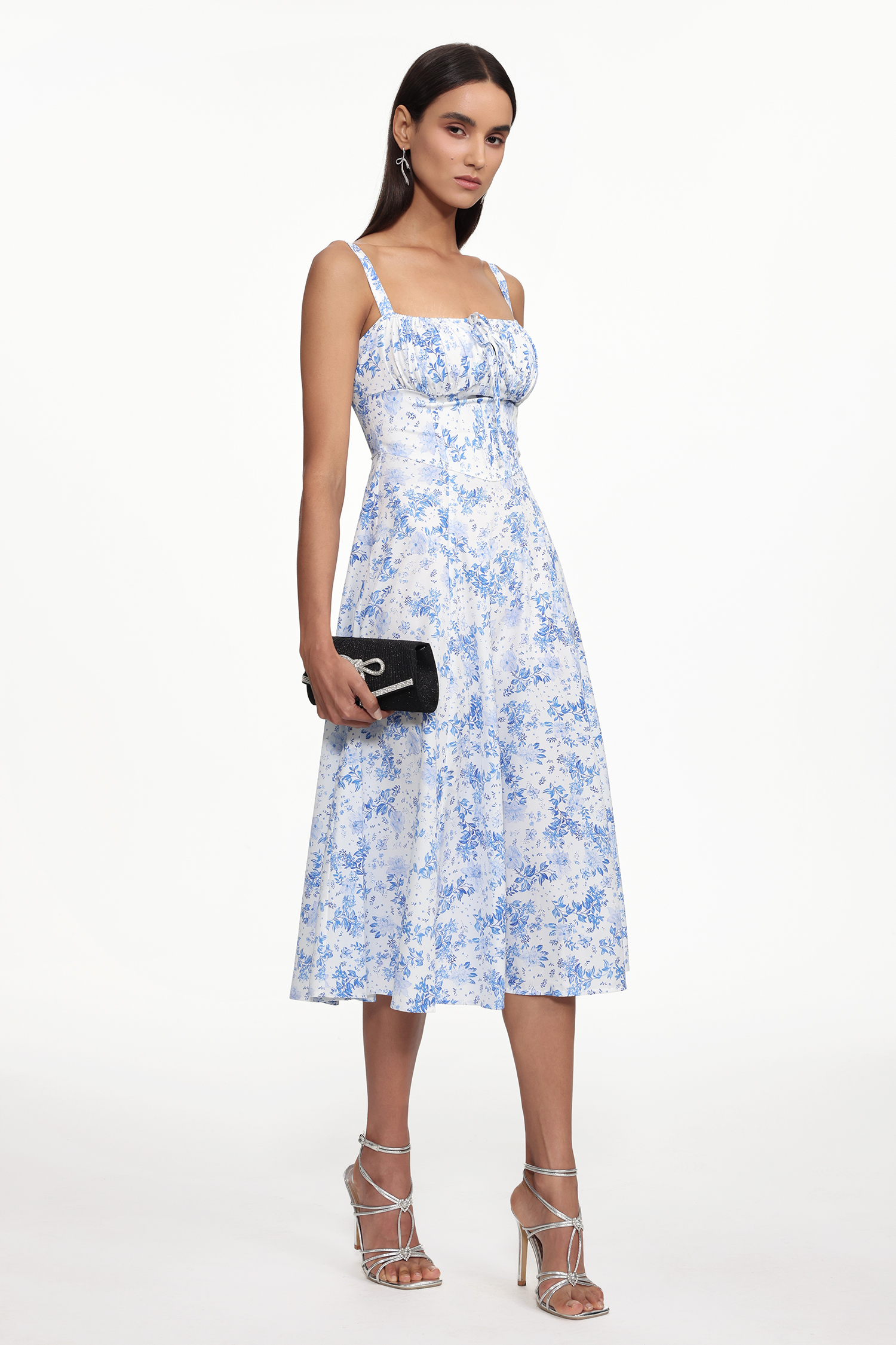 Uercia Romantic Cinched Waist Sleeveless Ruched Floral Print Woven Midi Dress