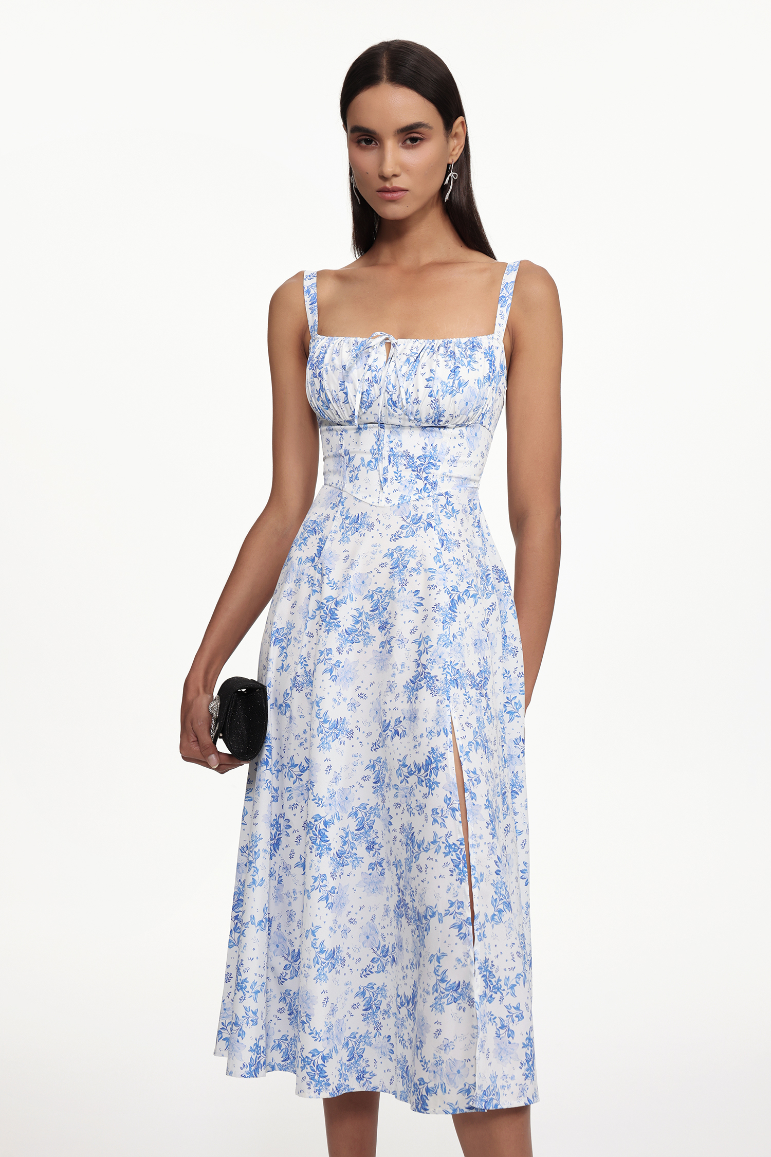 Uercia Romantic Cinched Waist Sleeveless Ruched Floral Print Woven Midi Dress