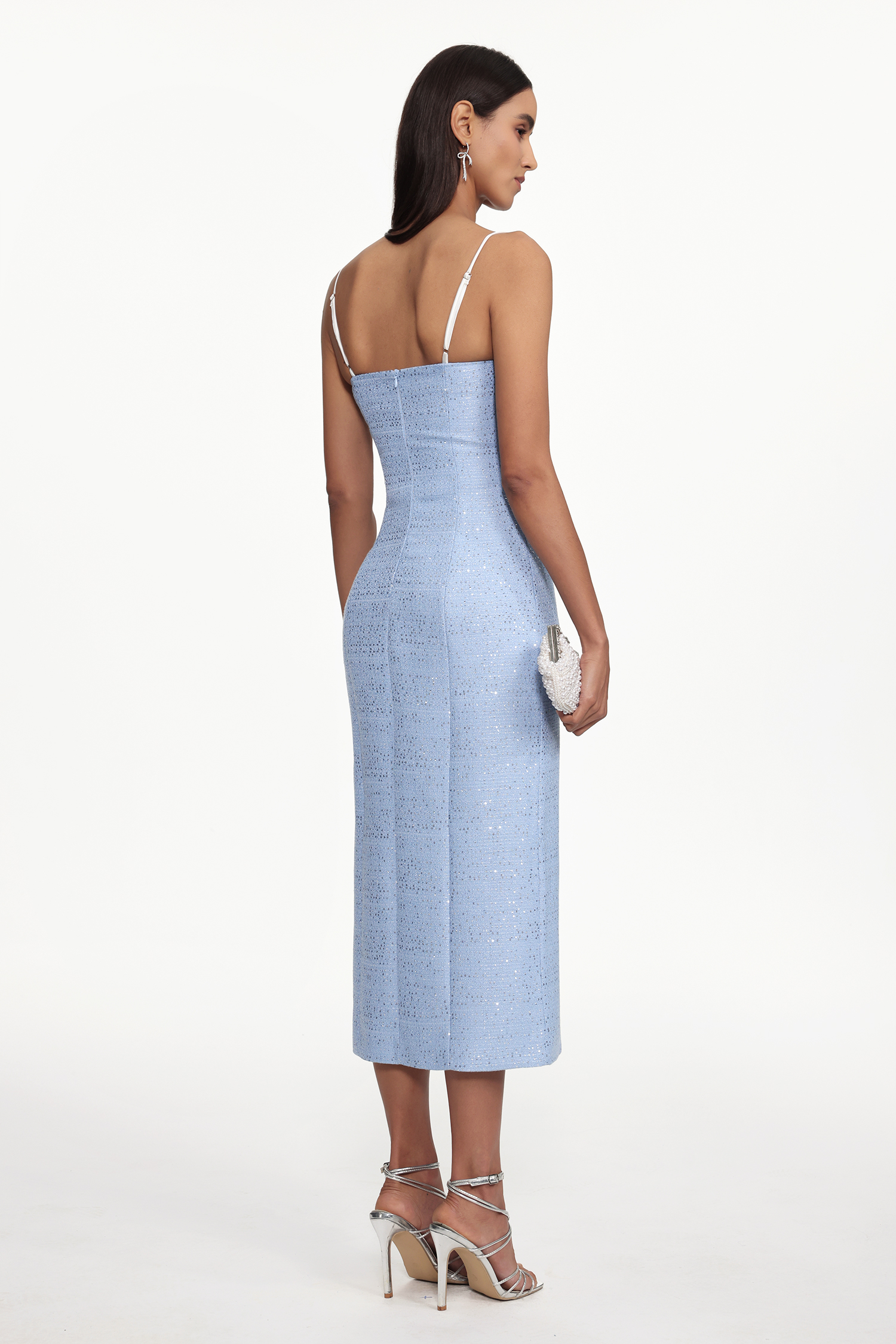 Yvan Classic Cinched Waist Sleeveless Buttoned Lace Tweed Maxi Dress